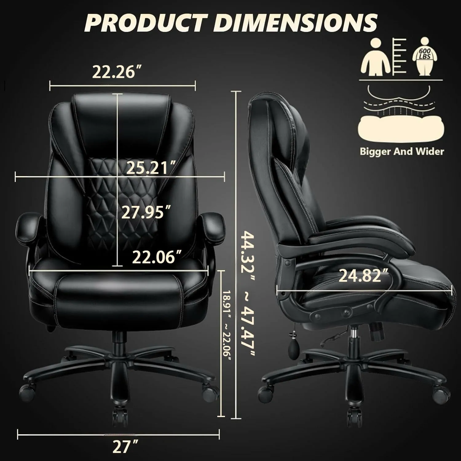 600lbs Big and Tall Office Chair with Pocket Spring Cushion, Ergonomic Heavy Duty Office Chair for Low Back Pain Relief, Large Executive Desk Chair with Adjustable Lumbar Support