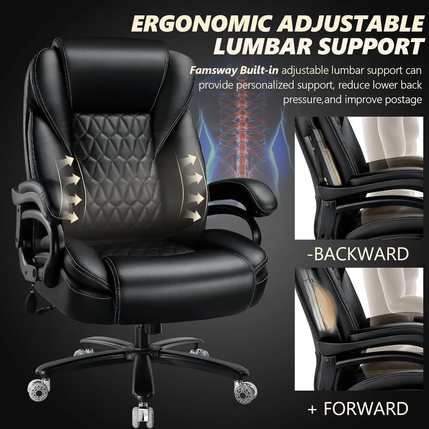 600lbs Big and Tall Office Chair with Pocket Spring Cushion, Ergonomic Heavy Duty Office Chair for Low Back Pain Relief, Large Executive Desk Chair with Adjustable Lumbar Support