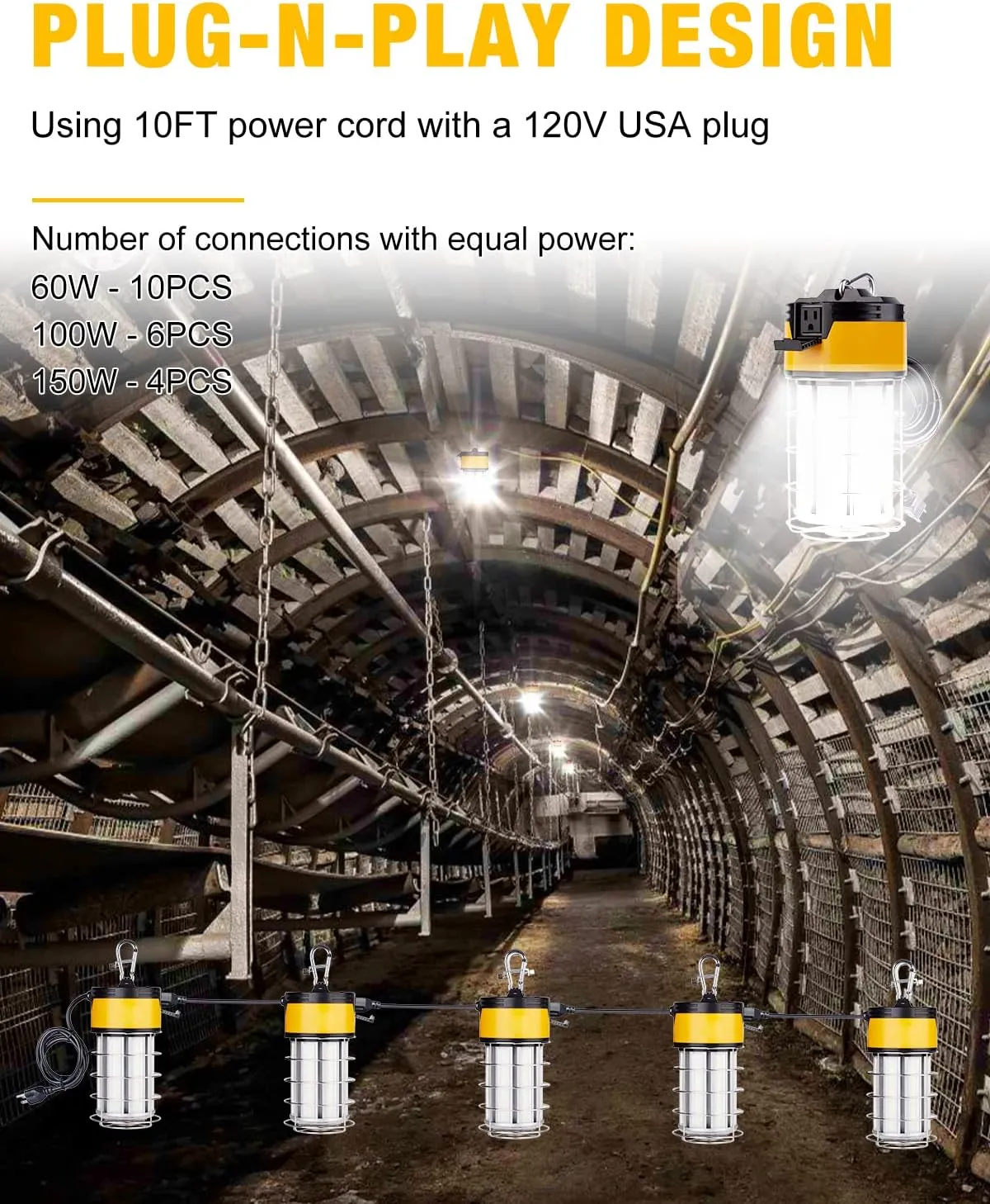 60W LED Temporary Work Lights - Construction Lighting Temp High Bay Fixture, Hanging Temporary Work Lights for Workshop Jobsite