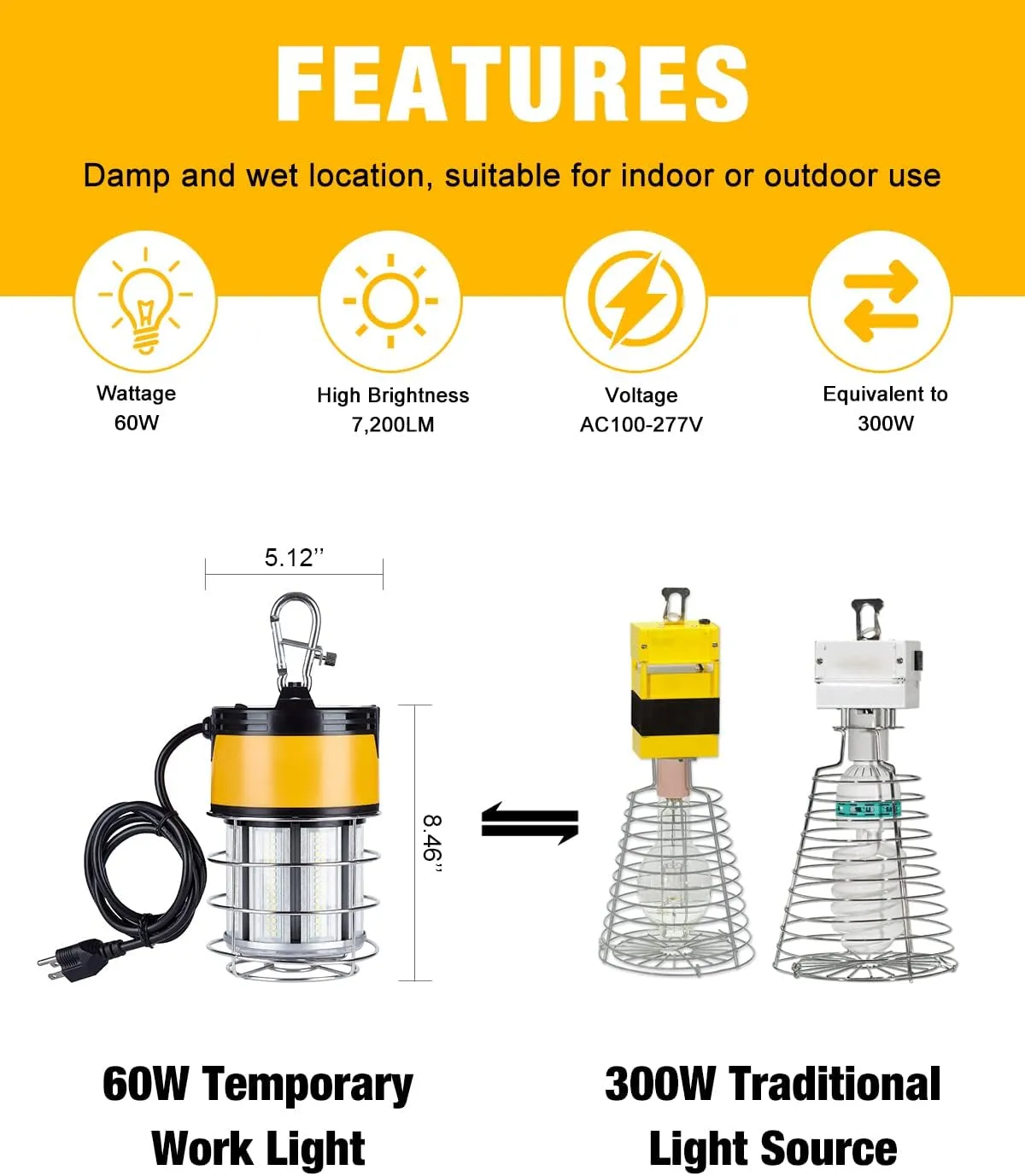 60W LED Temporary Work Lights - Construction Lighting Temp High Bay Fixture, Hanging Temporary Work Lights for Workshop Jobsite