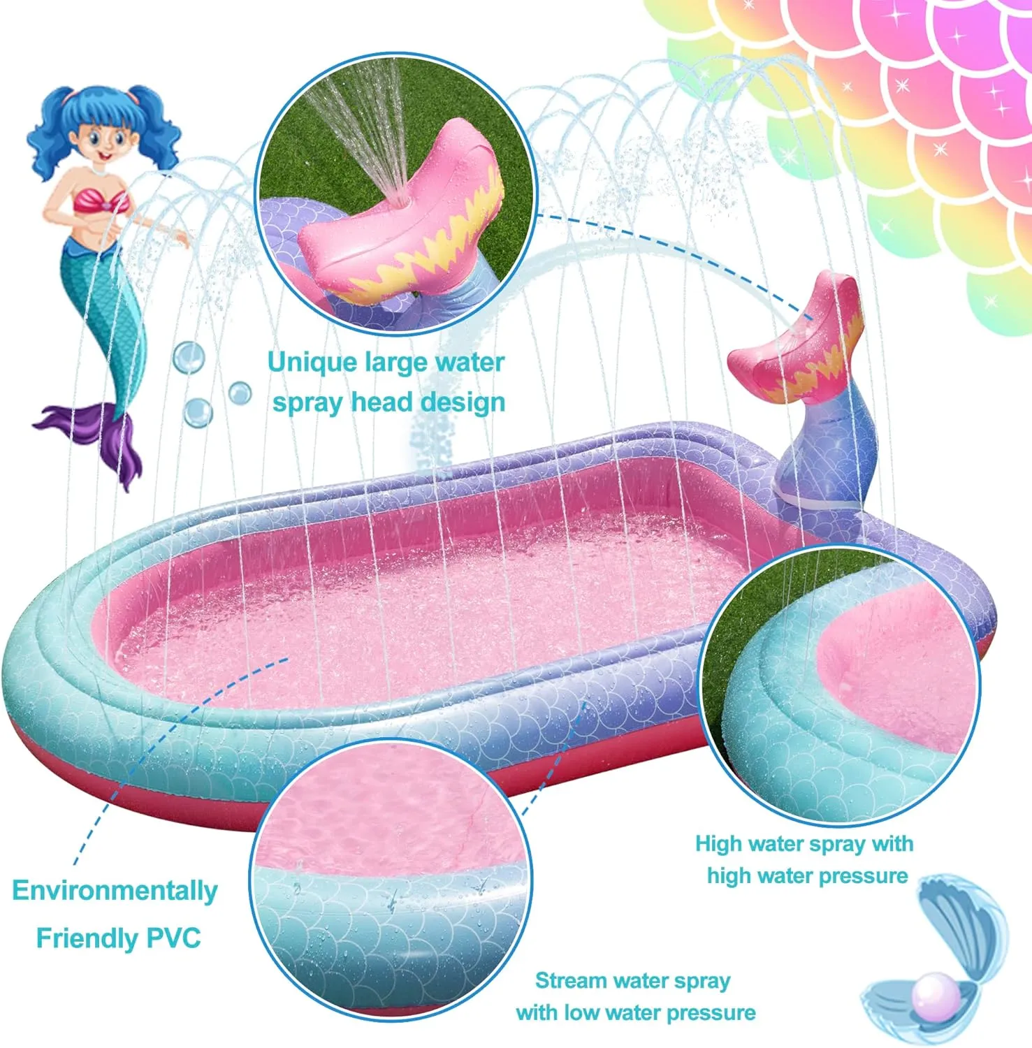 65" Sprinkler & Splash Pad for Kids, Large Outdoor Mermaid Sprinklers Play Mat Summer Water Play Toys Inflatable Sprinkler Pad, Play Pool for Toddlers Babies Over 3 Years Boys Girls - Pink