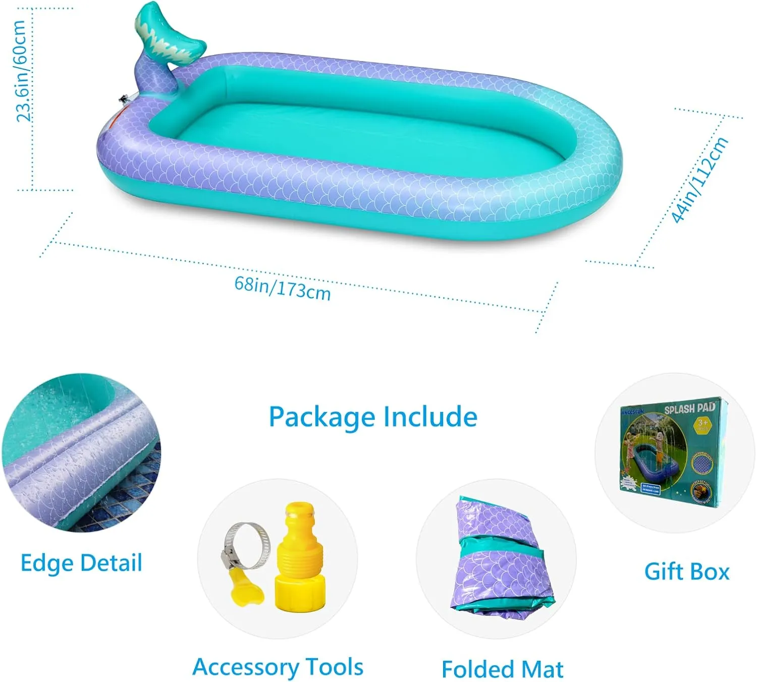 68" Sprinkler & Splash Pad for Kids, Large Outdoor Mermaid Sprinklers Play Mat Summer Water Play Toys Inflatable Sprinkler Pad, Fun Play Pool for Toddlers Babies Over 3 Years Boys Girls