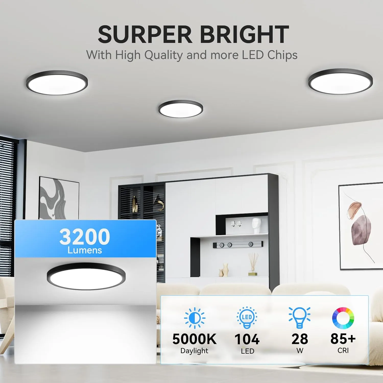6Pack 3200lm LED Flush Mount Ceiling Light, Super Slim 12 inch LED Ceiling Light, 5000K LED Ceiling Light for Bedroom, Living Room, Dining Room (Black, Six Pack)