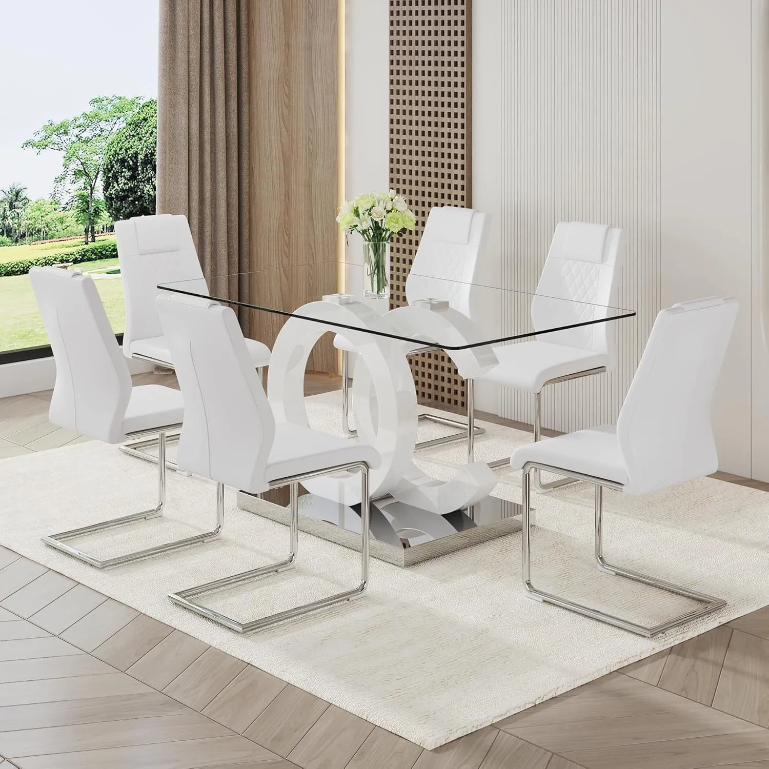 7 Piece Dining Table Set,Glass Dining Table Set for 6,Modern Dining Table and Faux Leather Padded Seats for Kitchens, Living Rooms, Bedrooms (White Table-White Chair B-6)