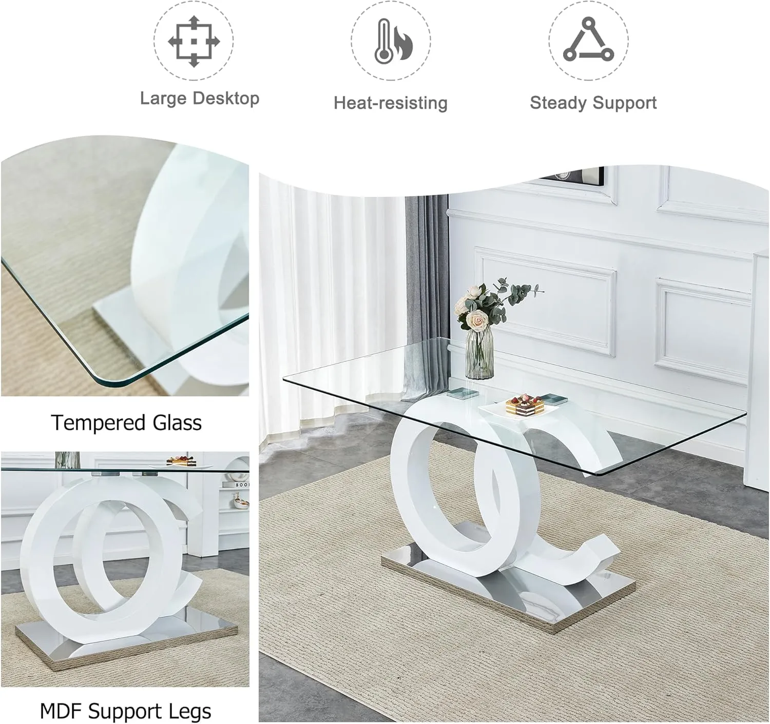 7 Piece Dining Table Set,Glass Dining Table Set for 6,Modern Dining Table and Faux Leather Padded Seats for Kitchens, Living Rooms, Bedrooms (White Table-White Chair B-6)