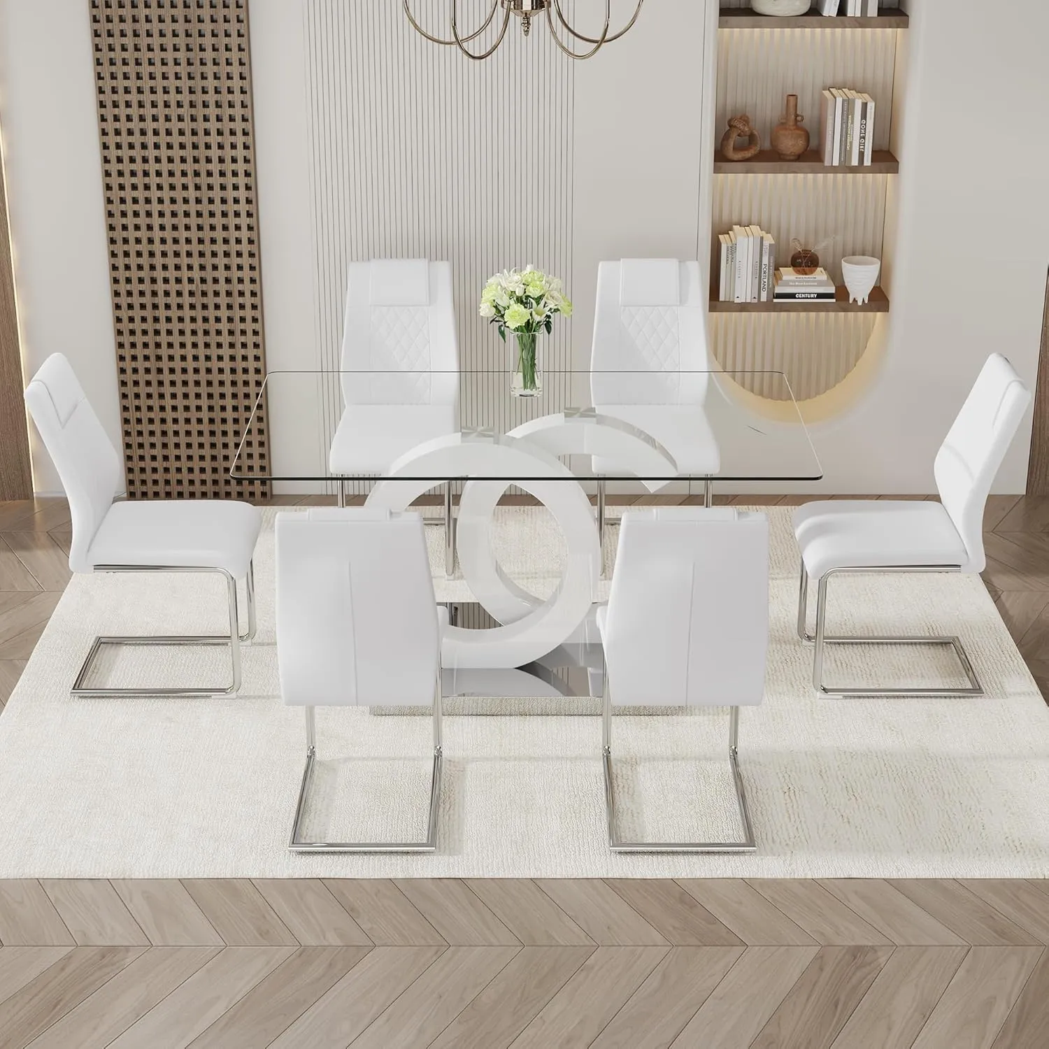 7 Piece Dining Table Set,Glass Dining Table Set for 6,Modern Dining Table and Faux Leather Padded Seats for Kitchens, Living Rooms, Bedrooms (White Table-White Chair B-6)