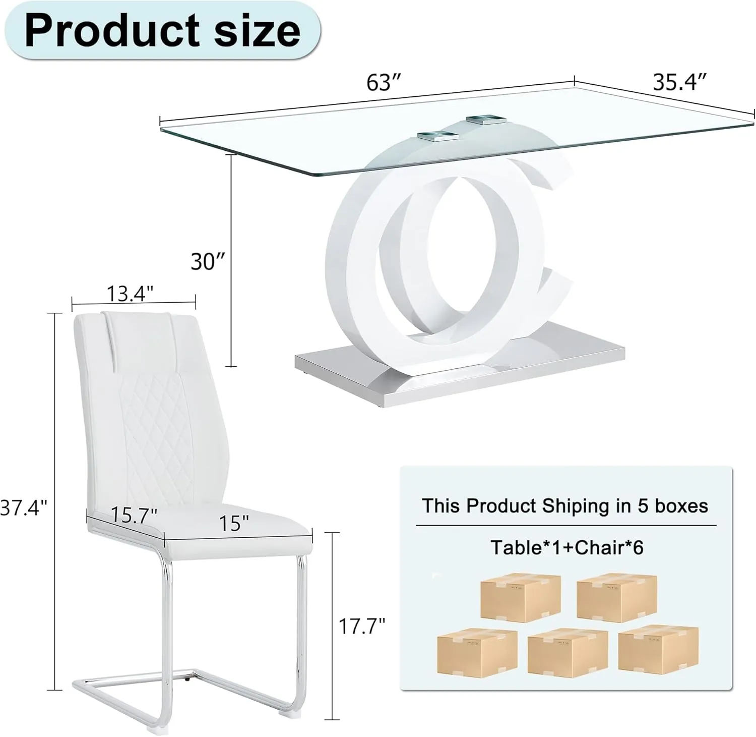 7 Piece Dining Table Set,Glass Dining Table Set for 6,Modern Dining Table and Faux Leather Padded Seats for Kitchens, Living Rooms, Bedrooms (White Table-White Chair B-6)