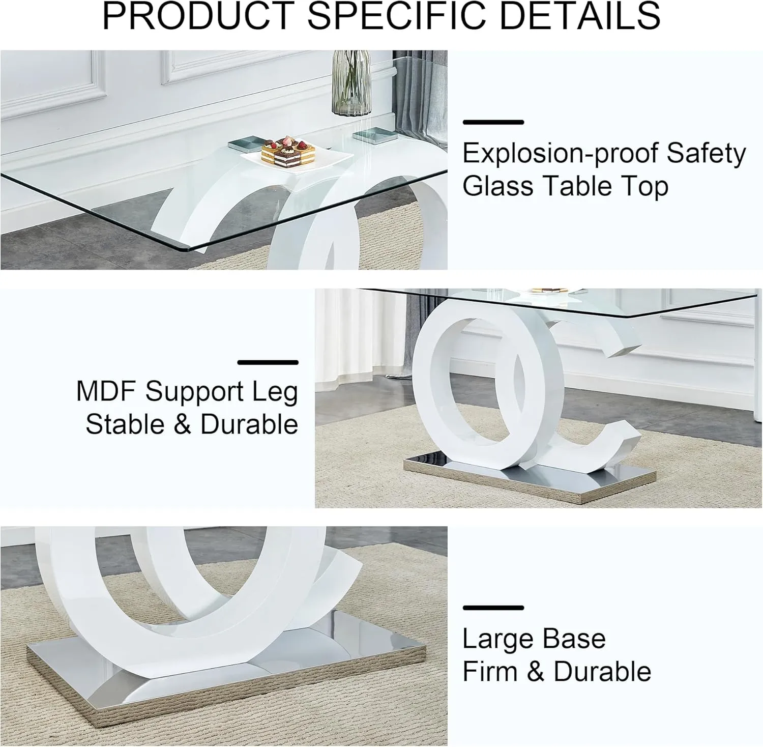 7 Piece Dining Table Set,Glass Dining Table Set for 6,Modern Dining Table and Faux Leather Padded Seats for Kitchens, Living Rooms, Bedrooms (White Table-White Chair B-6)