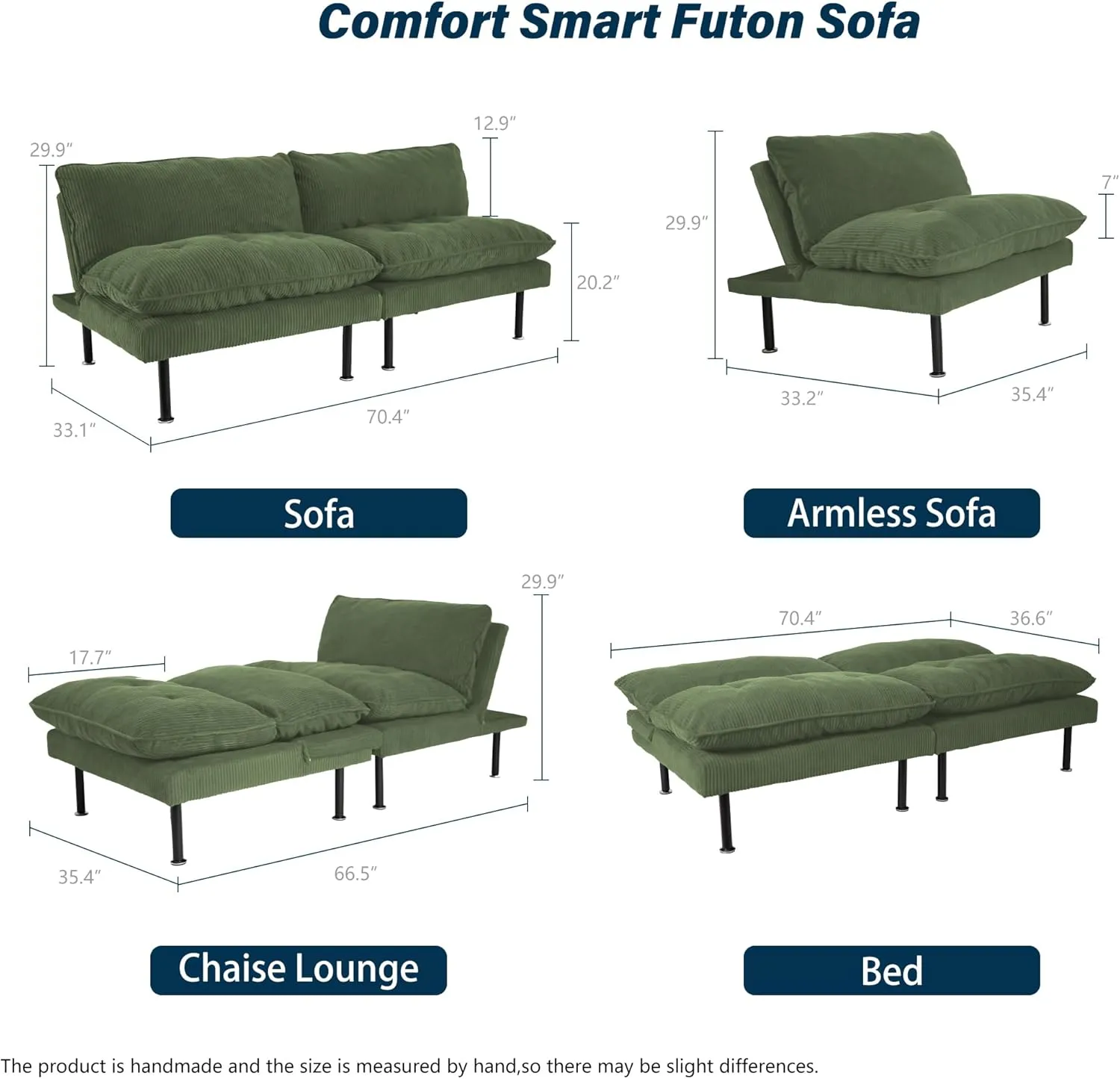70" Futon Sofa Bed, 4 in 1 Multi-Function Couch Sleeper with Adjustable Backrest, Modern Convertible Futon, Recliner Small Loveseat for Living Room, Dorm, Green