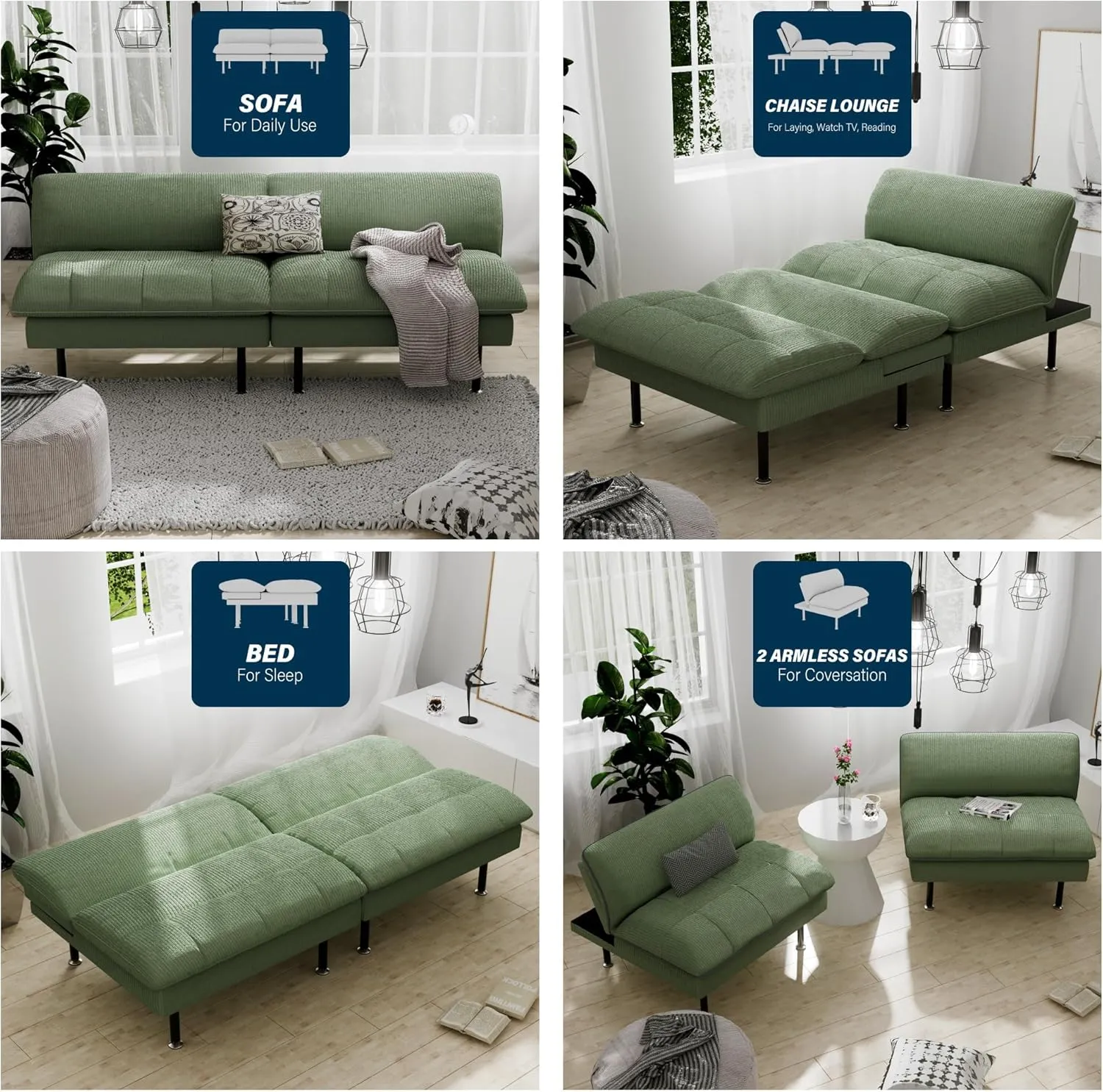 70" Futon Sofa Bed, 4 in 1 Multi-Function Couch Sleeper with Adjustable Backrest, Modern Convertible Futon, Recliner Small Loveseat for Living Room, Dorm, Green