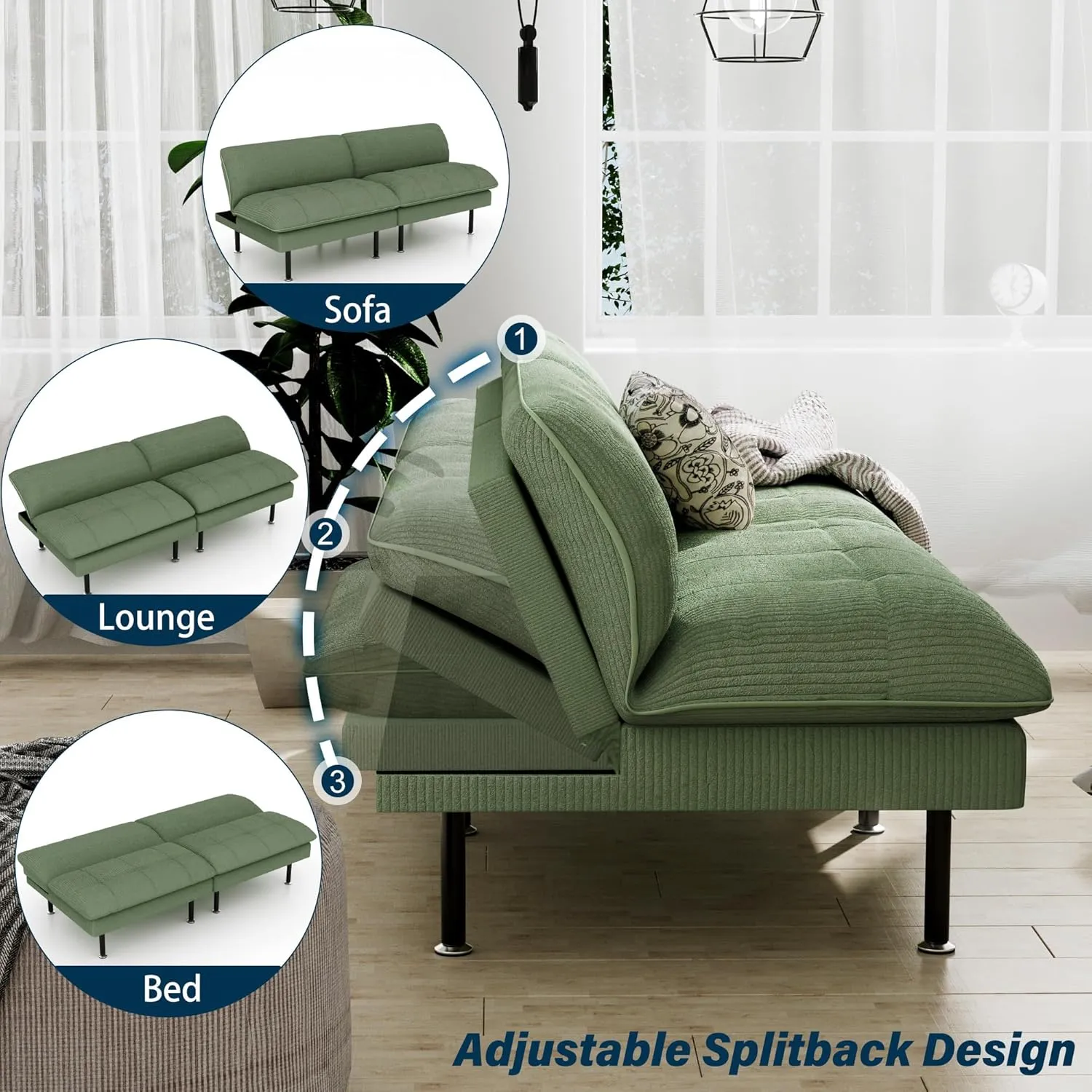 70" Futon Sofa Bed, 4 in 1 Multi-Function Couch Sleeper with Adjustable Backrest, Modern Convertible Futon, Recliner Small Loveseat for Living Room, Dorm, Green