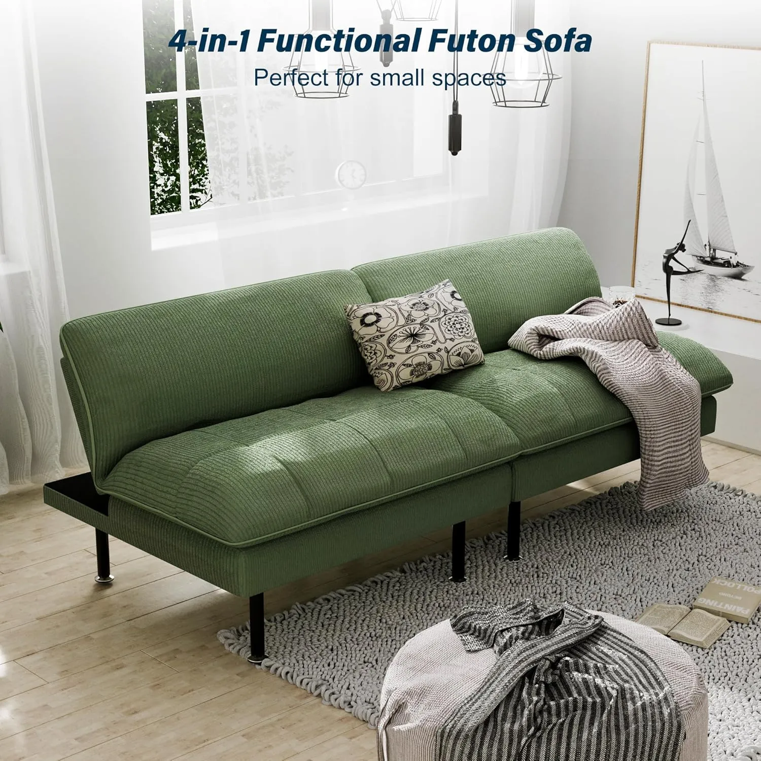 70" Futon Sofa Bed, 4 in 1 Multi-Function Couch Sleeper with Adjustable Backrest, Modern Convertible Futon, Recliner Small Loveseat for Living Room, Dorm, Green