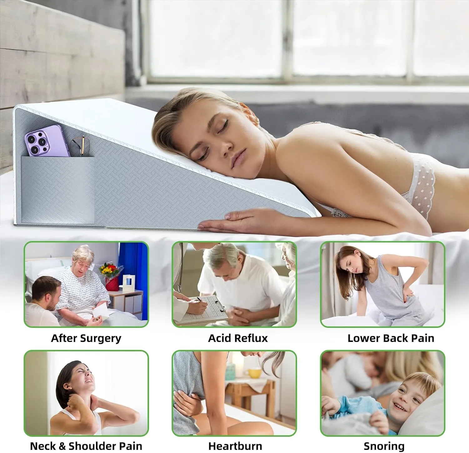 7.5" Bed Wedge Pillow for Sleeping – Triangle Elevation Pillow for Acid Reflux, Snoring & Back Pain Relief, Memory Foam Top with Removable, Machine Washable Air Layer Cover