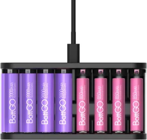 8-Bay Smart Battery Charger Rechargeable AA AAA Household Battery Charger for Ni-MH Li-ion LiFePO4 Type-C Independent Slot Fast Charging