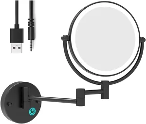 8 Inch Bathroom Mirror Wall Mounted Black USB Rechargeable Makeup Mirror Two Sided 1X/ Magnifying Adjustable LED Light Touch Screen Shaving Mirror 360° Swivel Vanity Mirror