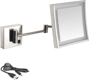 8 Inch Bathroom Mirror Wall Mounted, USB Rechargeable Makeup Mirror 3X Magnification Shaving Mirror 180° Swivel Vanity Mirror LED Lighted Wall Mounted Mirrors Square Cosmetic Mirror