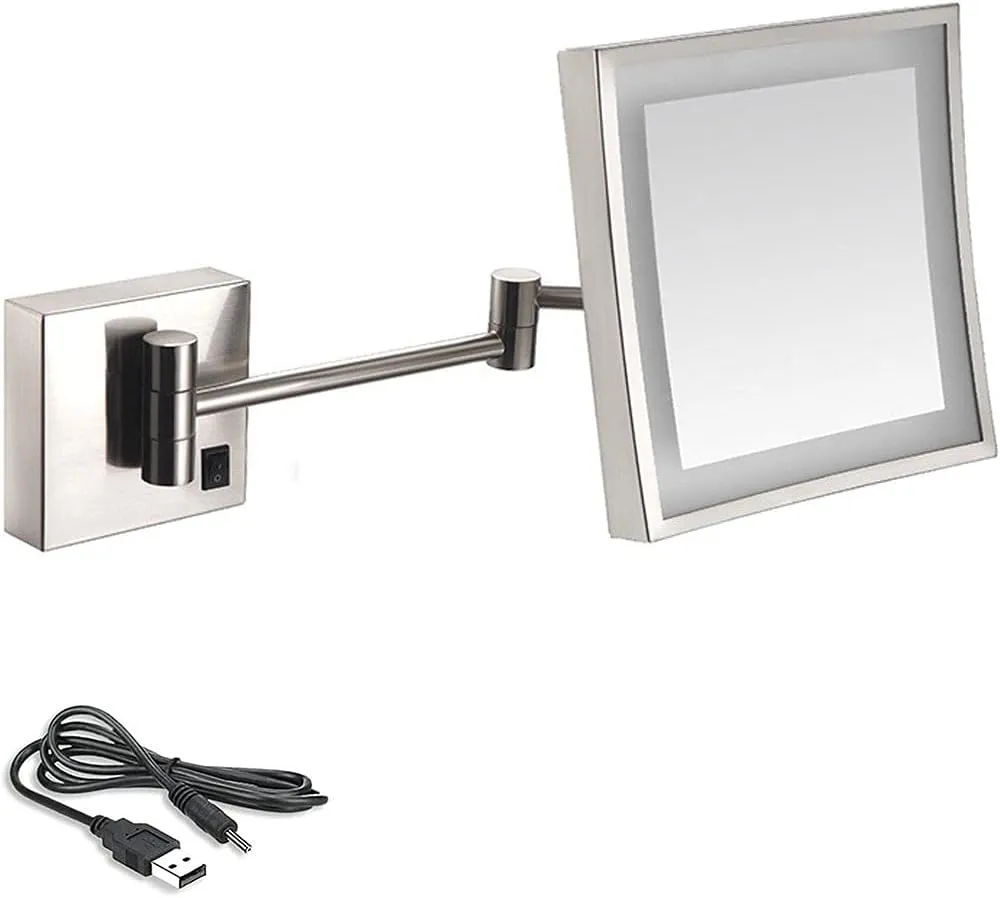8 Inch Bathroom Mirror Wall Mounted, USB Rechargeable Makeup Mirror 3X Magnification Shaving Mirror 180° Swivel Vanity Mirror LED Lighted Wall Mounted Mirrors Square Cosmetic Mirror