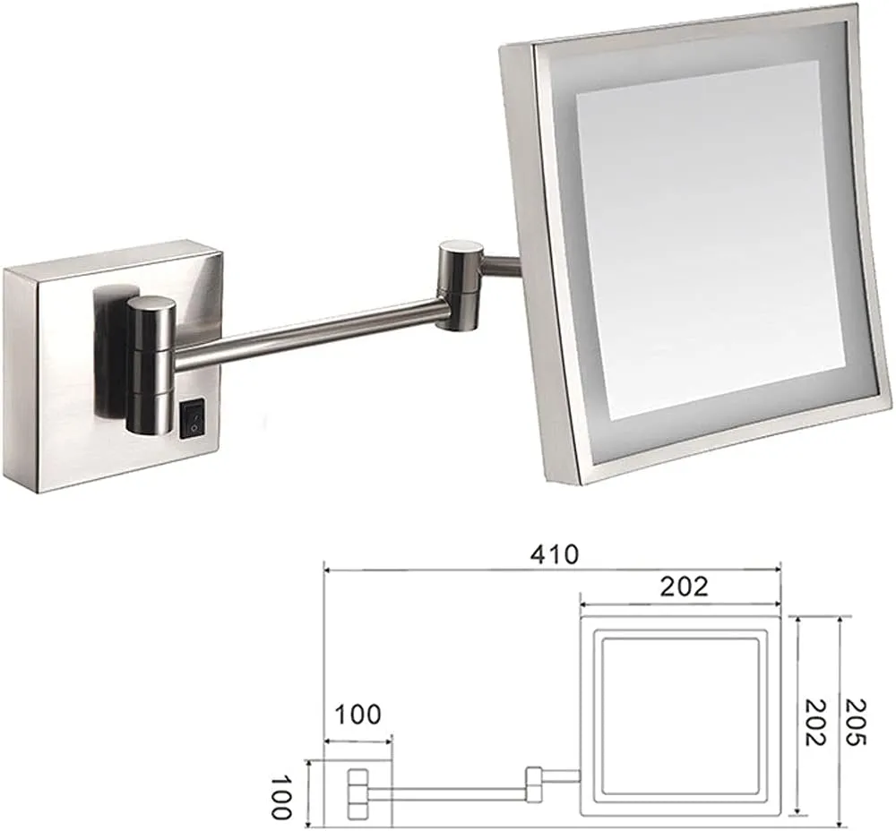 8 inch Bathroom Mirror Wall Mounted,USB Rechargeable Makeup Mirror 3X Magnification Shaving Mirror 180 Swivel Vanity Mirror Led Lighted Wall Mounted Mirrors Square Cosmetic Mirror