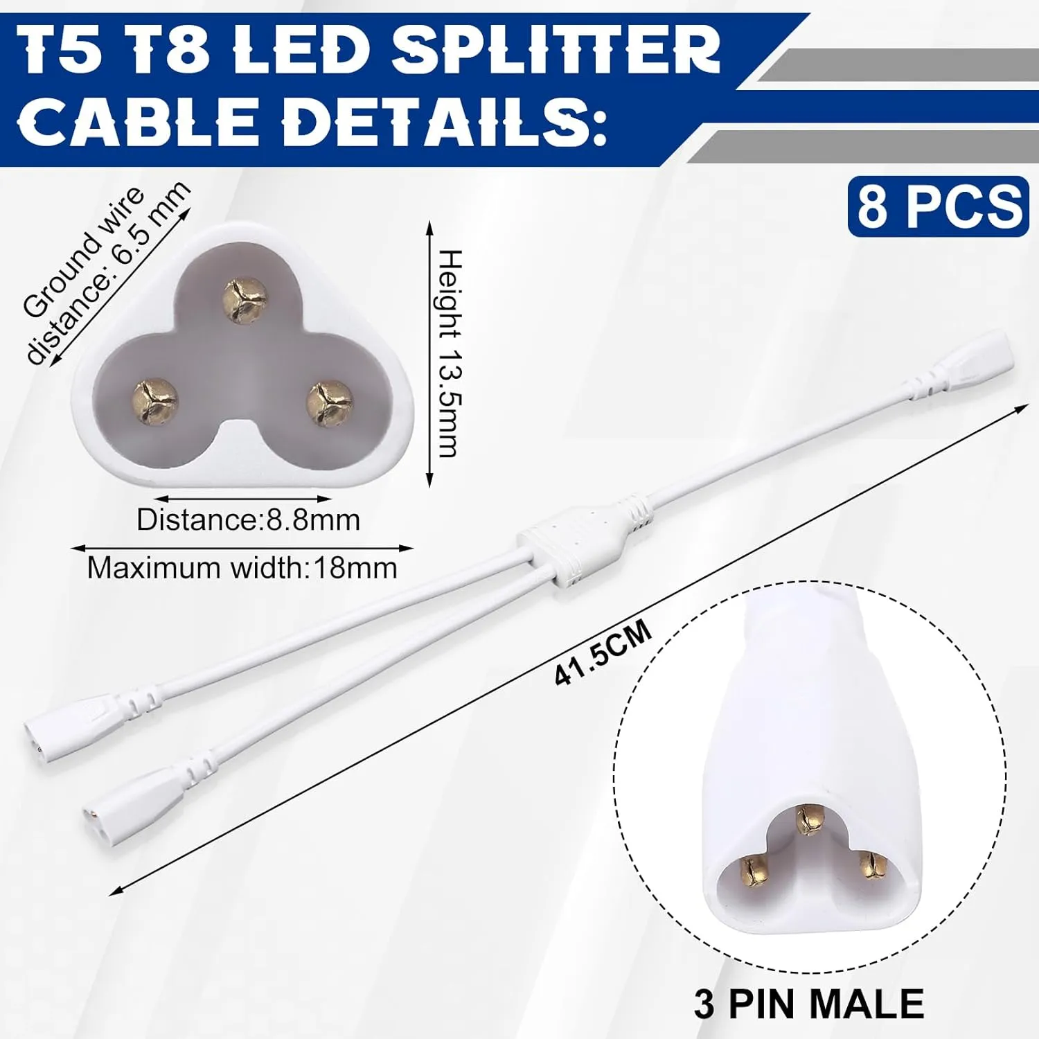8 Pcs T5 T8 LED Splitter Cable 3pins LED Wire Tube Connector 1to 2 Way Splitter Extension Cord for Ceiling Lights, Integrated Tube Lamp Holder Socket