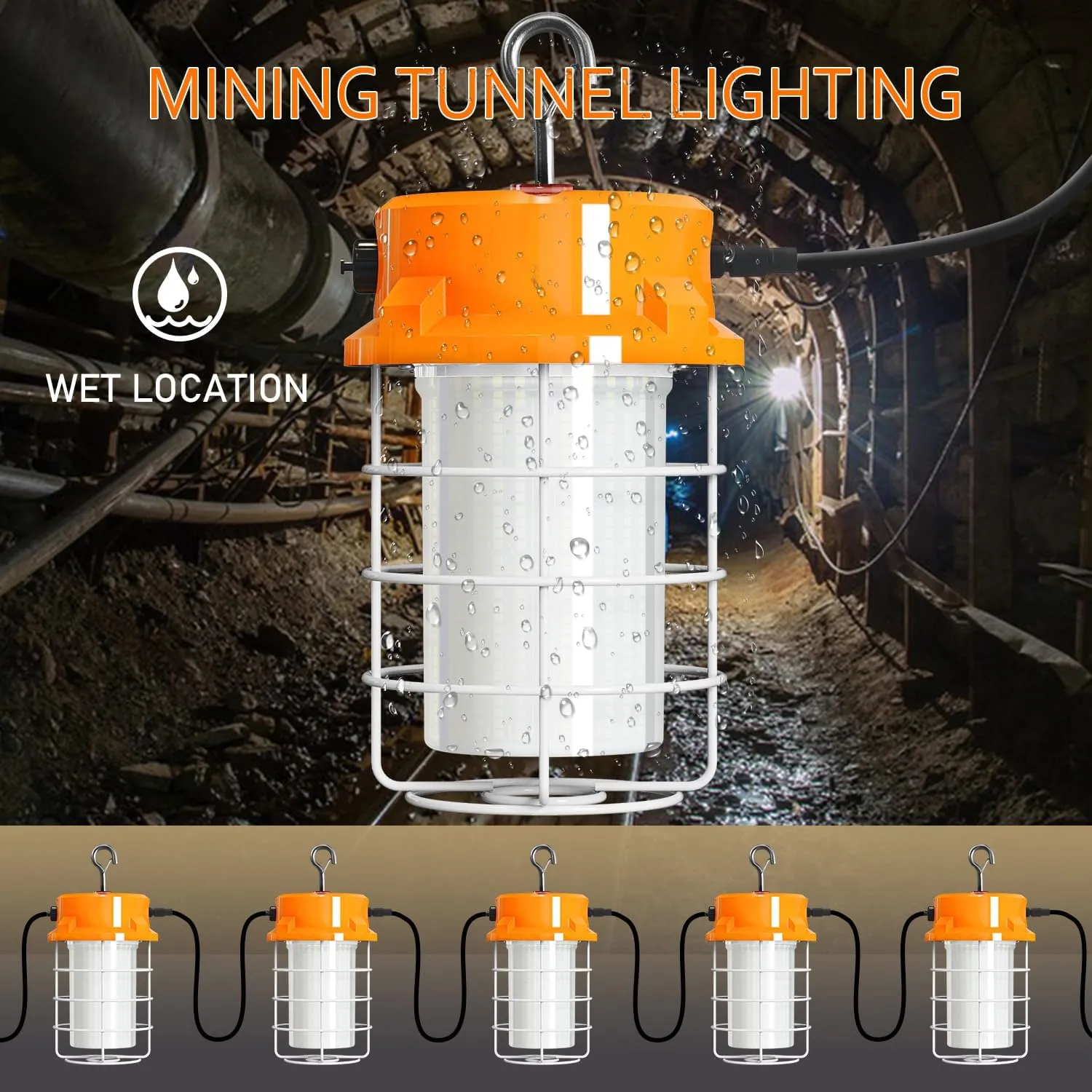 80W LED Temporary Work Light 12000lm 5000K Daylight White Portable Hanging Construction Lighting Led High Bay Light for Workshop Mine Job Site Lighting