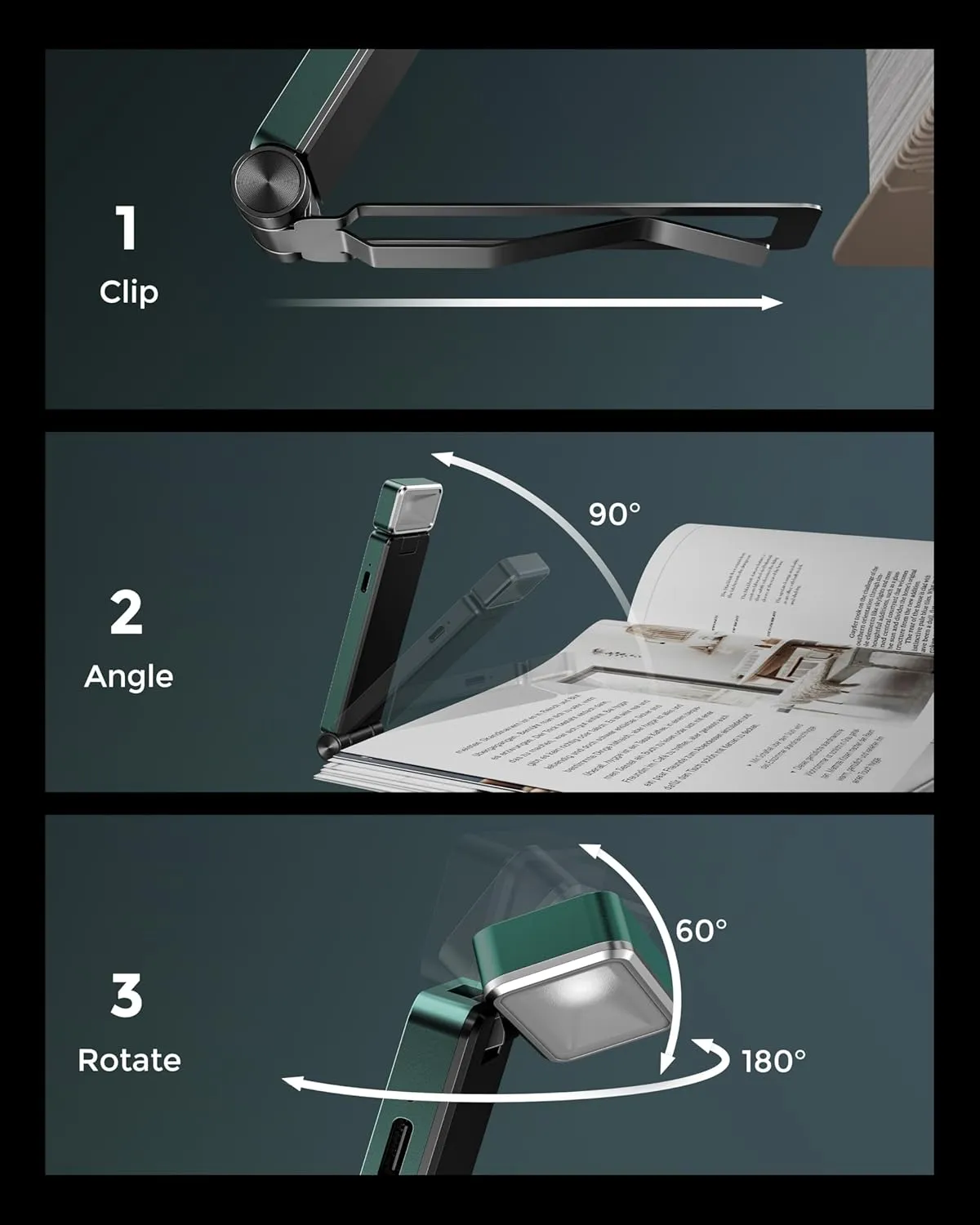 86lux Book Light, Rechargeable Clip-On LED Reading Light for Bed & Night Use - 3 Color Temperatures with Stepless Dimming, Ultralight Bookmark Design for Kids, Book Lovers, Green