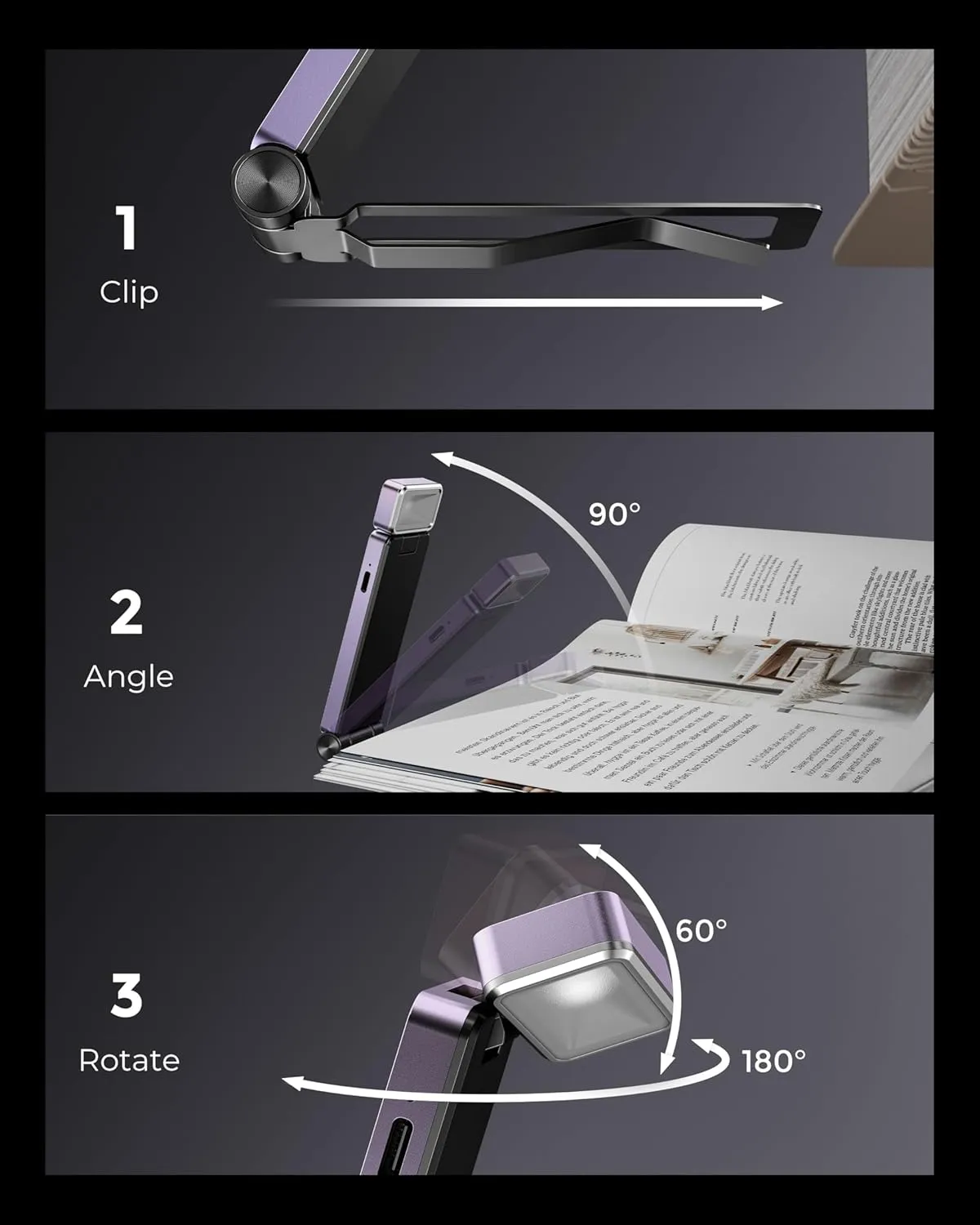 86lux Book Light, Rechargeable Clip-On LED Reading Light for Bed & Night Use - 3 Color Temperatures with Stepless Dimming, Ultralight Bookmark Design for Kids, Book Lovers, Purple