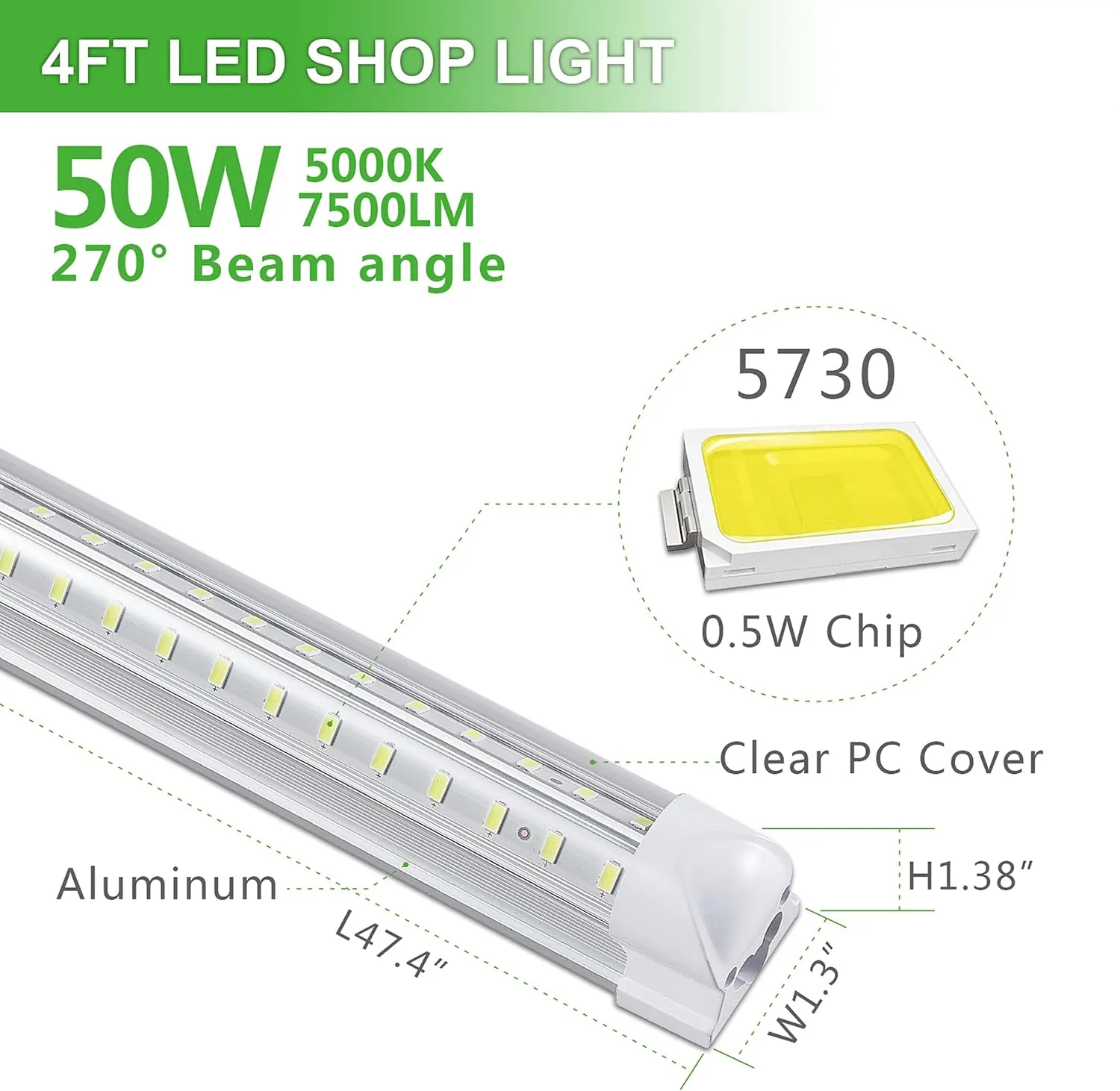 8Pack 4FT LED Shop Light Garage Lights,50W 5000K/Daylight White 7550LM,Hanging/Surface Mount,Plug and Play,Linkable LED Shop Lights,T8 4FT Tube Light for Warehouse Workshop Basement