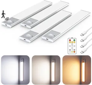 8" Ultra-Thin Under Cabinet Lighting Wireless, Aluminum Alloy Under Counter Lights for Kitchen, 3-Color-Temps Magnetic Closet Lights, Rechargeable Motion Sensor Light Indoor (4Pack, Silver)