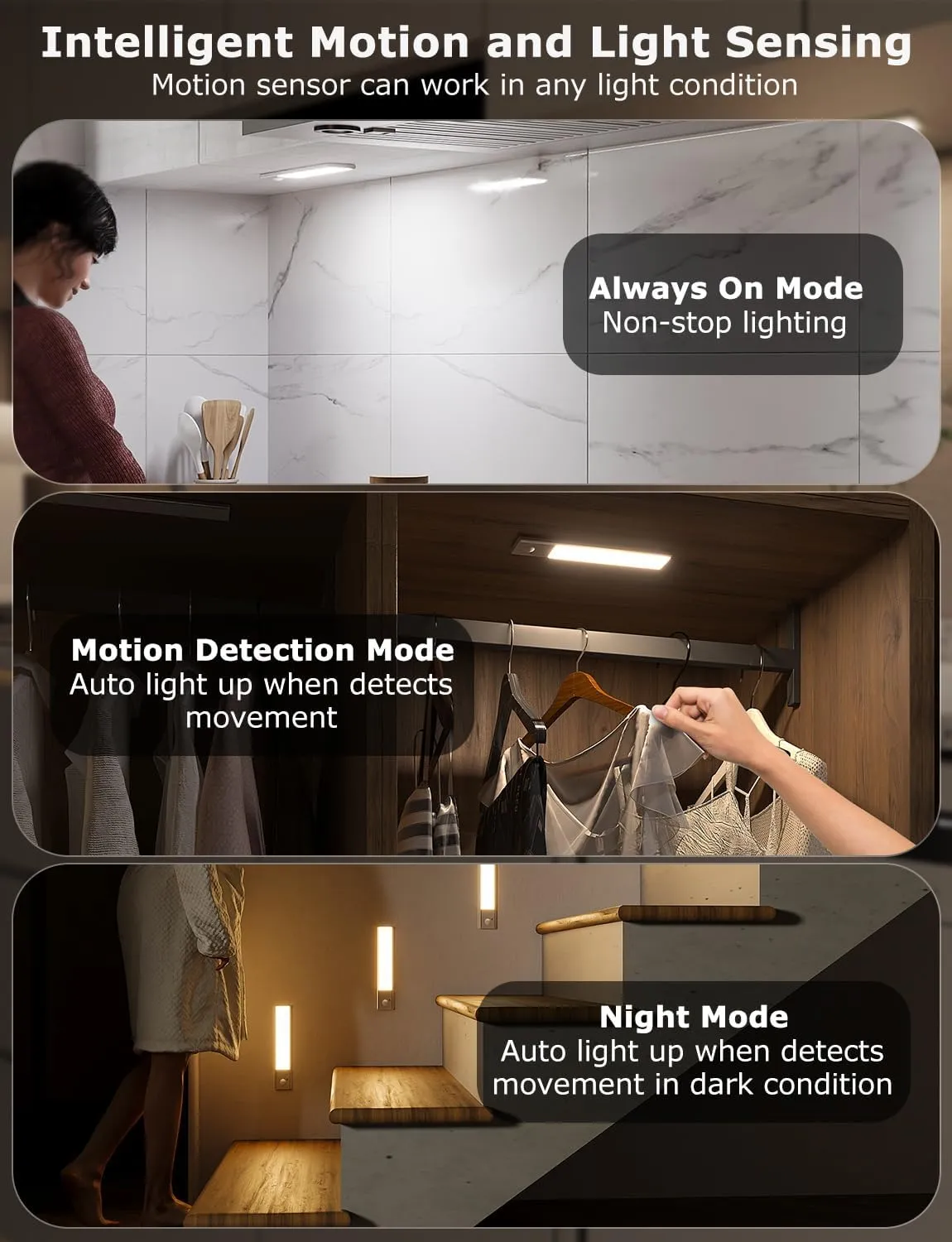 8" Ultra-Thin Under Cabinet Lighting Wireless, Aluminum Alloy Under Counter Lights for Kitchen, 3-Color-Temps Magnetic Closet Lights, Rechargeable Motion Sensor Light Indoor (4Pack, Silver)