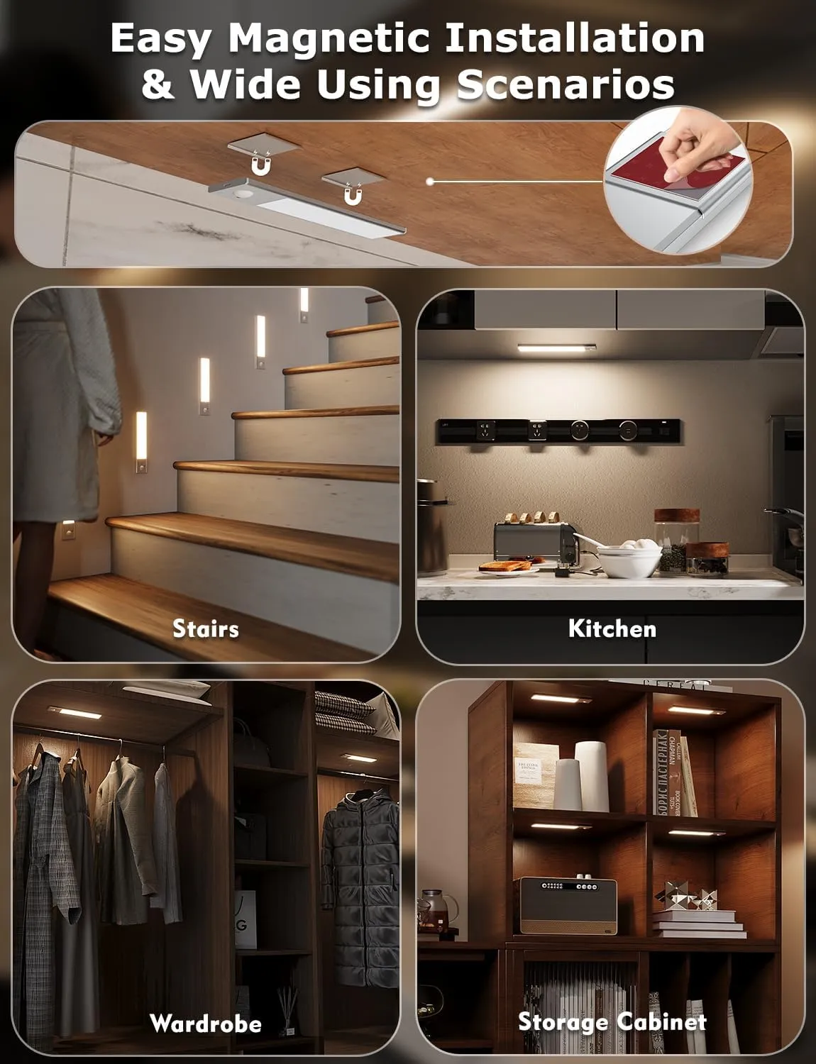 8" Ultra-Thin Under Cabinet Lighting Wireless, Aluminum Alloy Under Counter Lights for Kitchen, 3-Color-Temps Magnetic Closet Lights, Rechargeable Motion Sensor Light Indoor (4Pack, Silver)