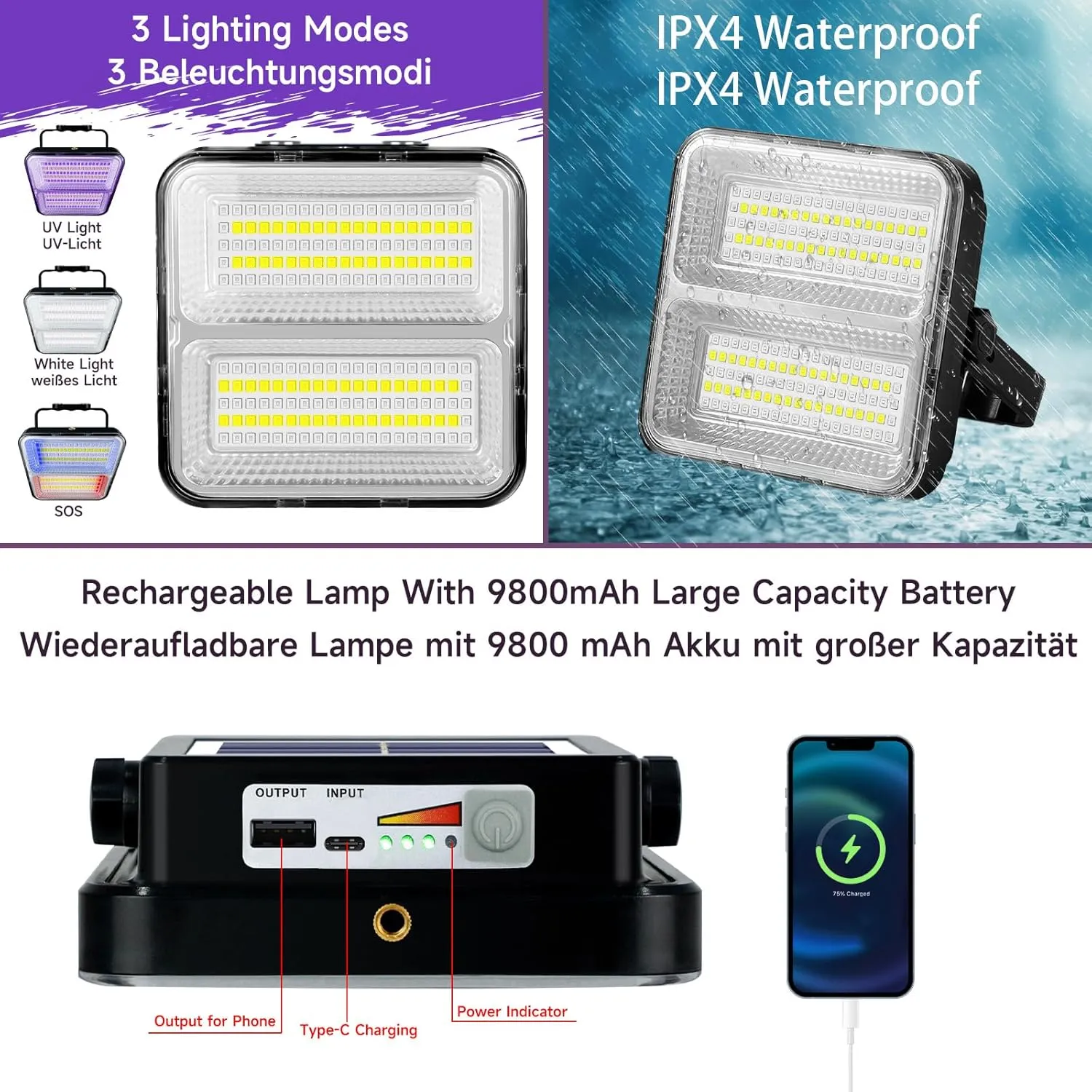 9600 mAh Rechargeable Black Light, Dimmable UV Light, 200 LED 395 nM UV Flashlight Camping Blacklight, Halloween, Body Painting, UV Paint, Fluorescent Effect