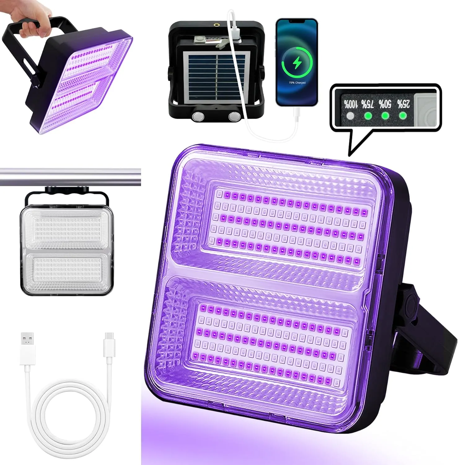 9600 mAh Rechargeable Black Light, Dimmable UV Light, 200 LED 395 nM UV Flashlight Camping Blacklight, Halloween, Body Painting, UV Paint, Fluorescent Effect