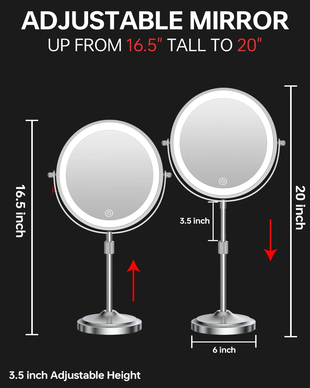 9" Lighted Makeup Mirror with 1X 10x Magnification, 5000mAh Rechargeable Led Magnifying Vanity mirror with lights, 3 Lighting Color, Brightness Dimmable Height Adjustable Cosmetic Mirror Chrome