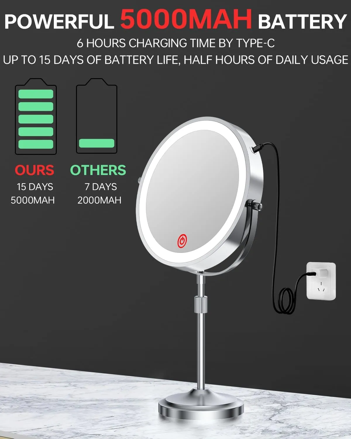 9" Lighted Makeup Mirror with 1X 10x Magnification, 5000mAh Rechargeable Led Magnifying Vanity mirror with lights, 3 Lighting Color, Brightness Dimmable Height Adjustable Cosmetic Mirror Chrome