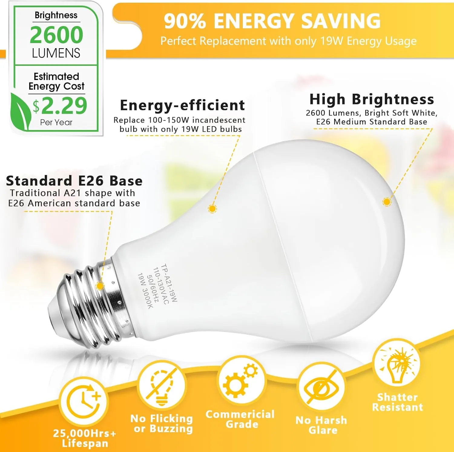 A21 LED Light Bulbs, 150 Watt Equivalent, Soft White 3000K, 2600LM, E26 Base, Non-Dimmable, 19W Bright White LED Bulb, 4-Pack