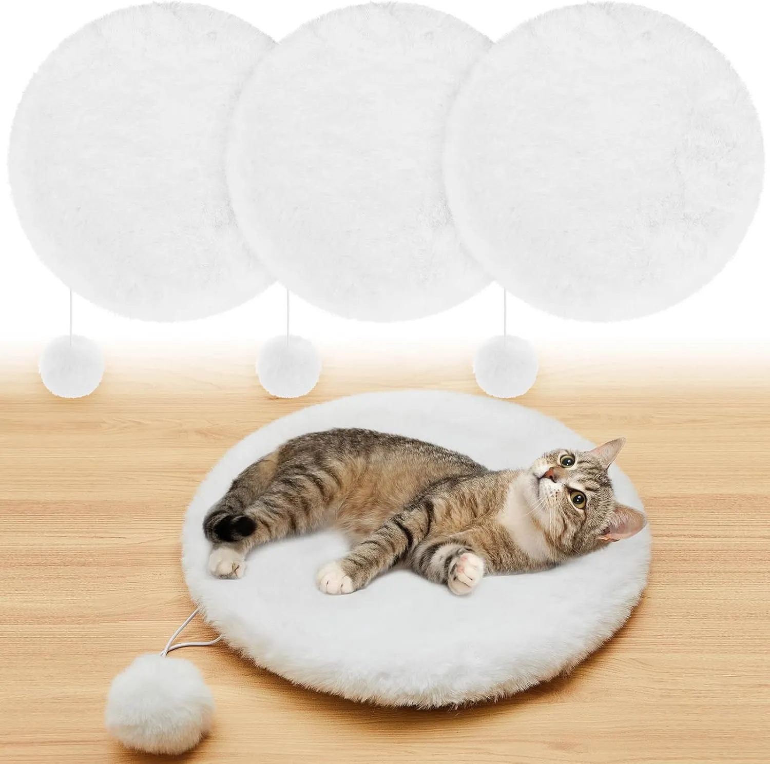 Abbylike 3 Pack 13.8 Round Cat Dog Bed Cushion Pad Mat Faux Rabbit Fur Pet Sleeping Mat with Small Ball Warm Plush Anti Slip Washable Cat Tree Tower Replacement Cushion Pad for Carrier Crate, White