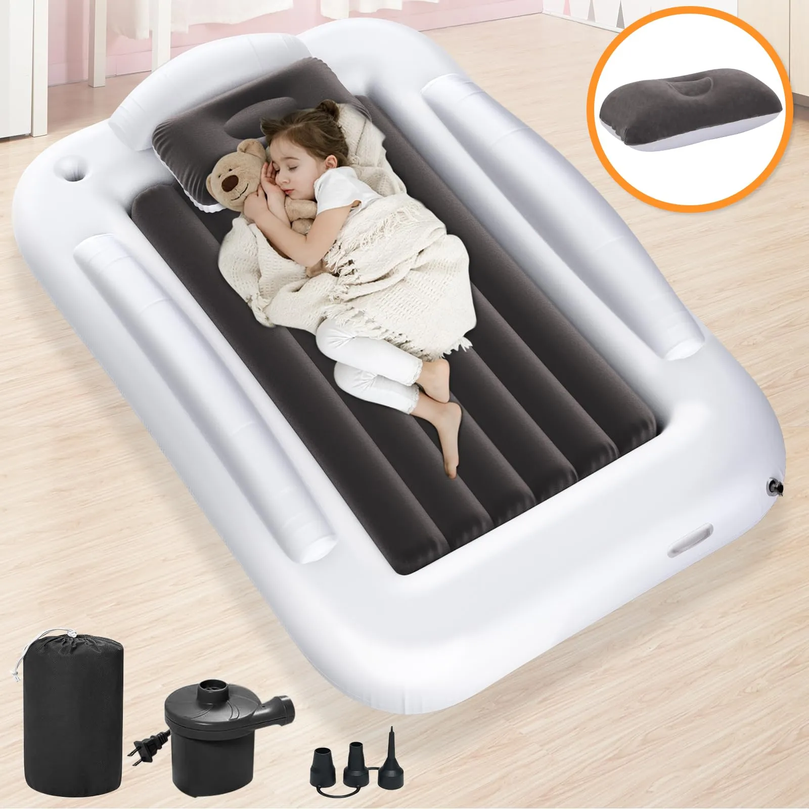 Abdtech Inflatable Toddler Travel Bed - Portable Toddler Kids Travel Bed with Safety Sides Complete Kids Air Mattress Set with High-Speed Pump, Ideal for Vacation Camping and Sleepover (60 Inches)