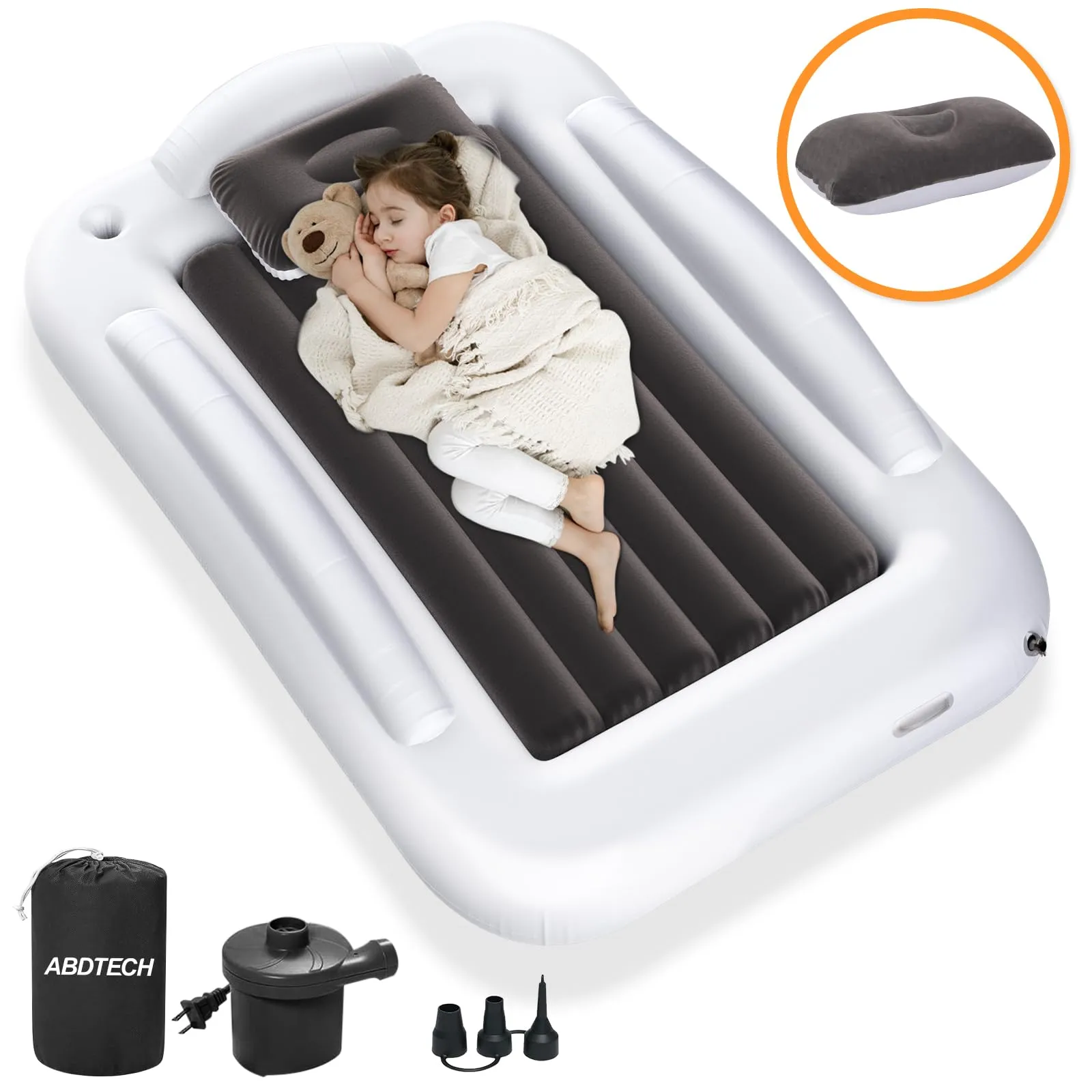 Abdtech Inflatable Toddler Travel Bed - Portable Toddler Kids Travel Bed with Safety Sides Complete Kids Air Mattress Set with High-Speed Pump, Ideal for Vacation Camping and Sleepover (60 Inches)