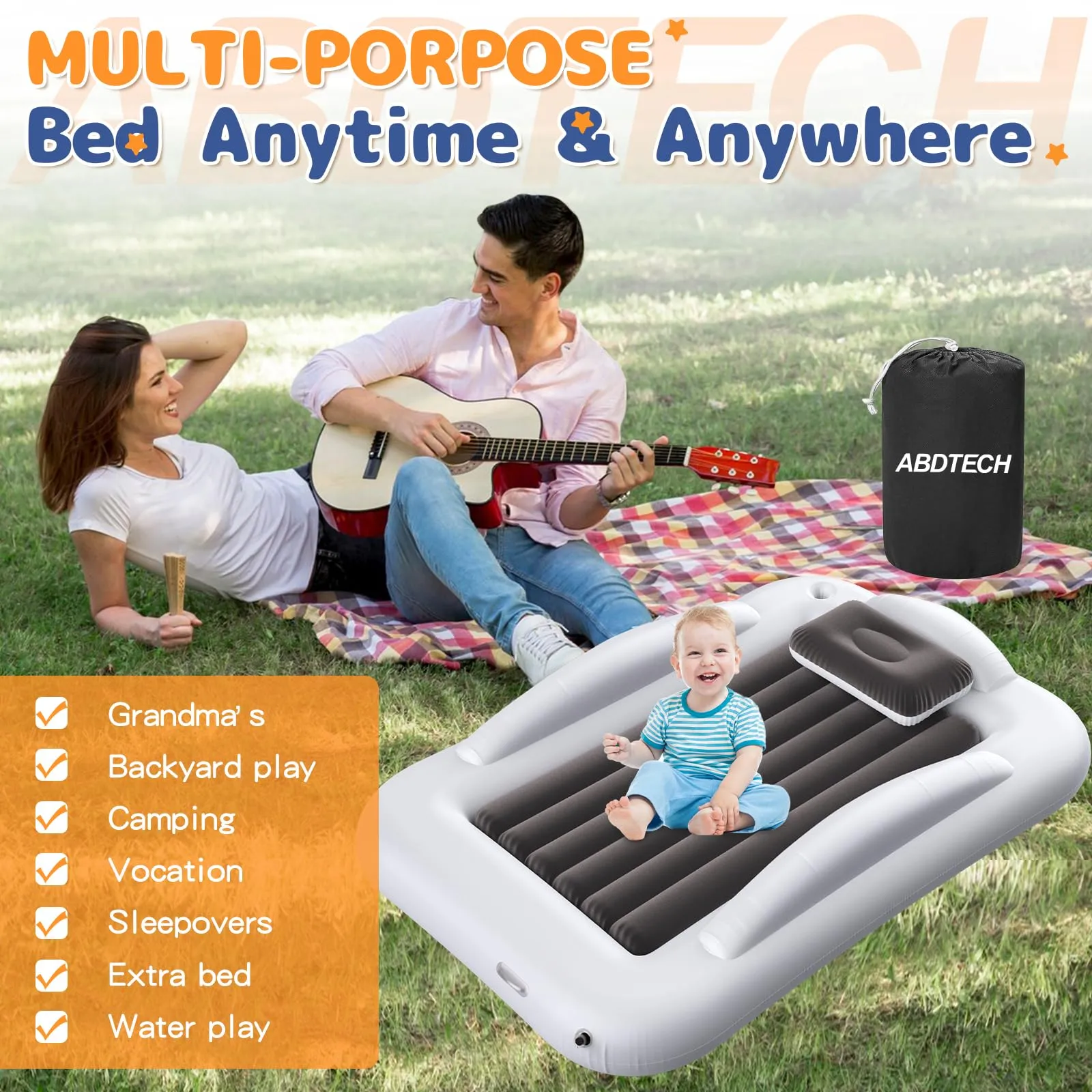 Abdtech Inflatable Toddler Travel Bed - Portable Toddler Kids Travel Bed with Safety Sides Complete Kids Air Mattress Set with High-Speed Pump, Ideal for Vacation Camping and Sleepover (60 Inches)