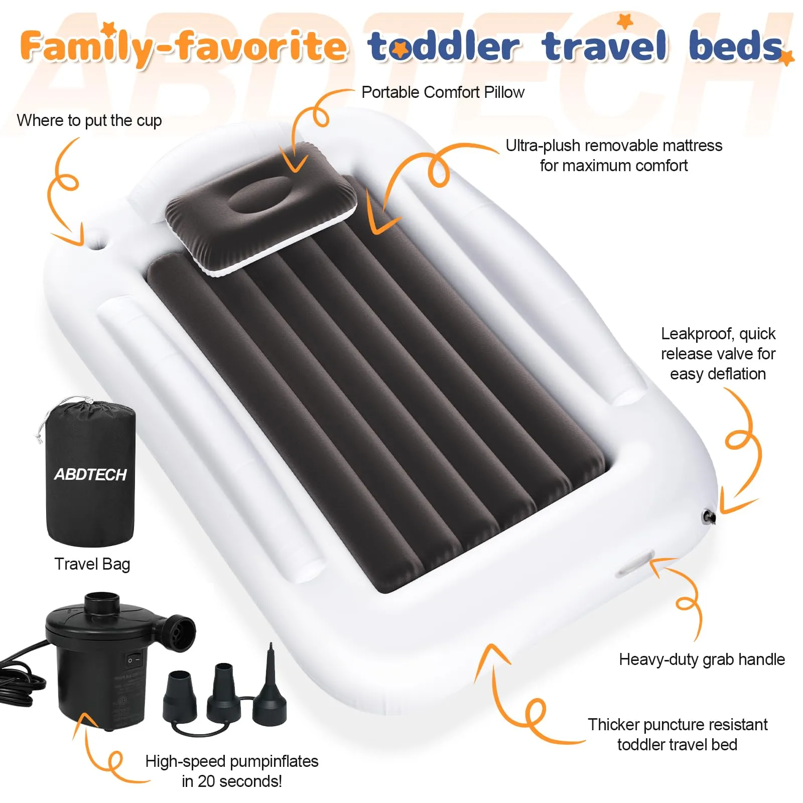 Abdtech Inflatable Toddler Travel Bed - Portable Toddler Kids Travel Bed with Safety Sides Complete Kids Air Mattress Set with High-Speed Pump, Ideal for Vacation Camping and Sleepover (60 Inches)