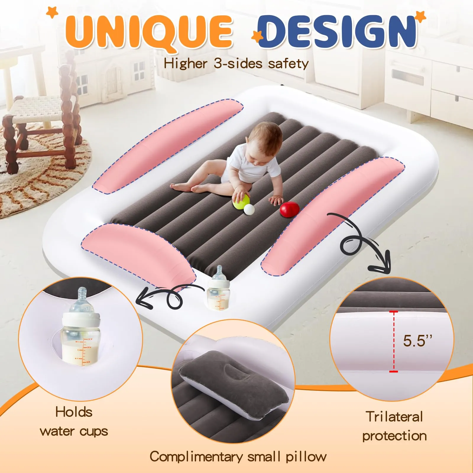 Abdtech Inflatable Toddler Travel Bed - Portable Toddler Kids Travel Bed with Safety Sides Complete Kids Air Mattress Set with High-Speed Pump, Ideal for Vacation Camping and Sleepover (60 Inches)