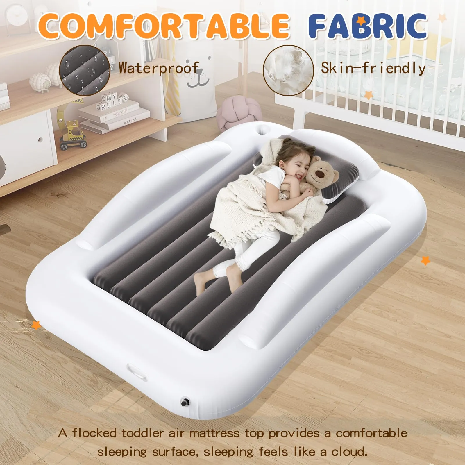 Abdtech Inflatable Toddler Travel Bed - Portable Toddler Kids Travel Bed with Safety Sides Complete Kids Air Mattress Set with High-Speed Pump, Ideal for Vacation Camping and Sleepover (60 Inches)