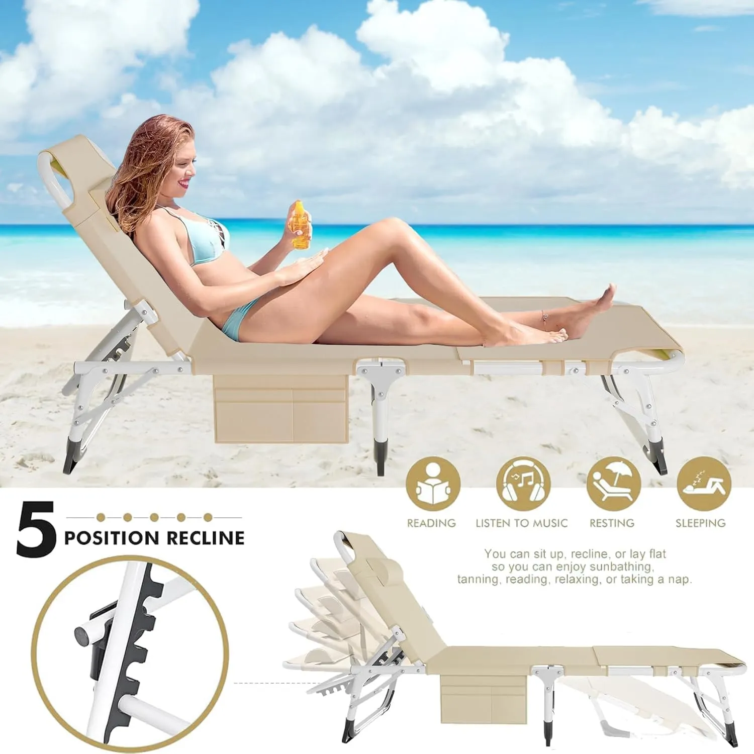 ABORON 2PK Sun Tanning Chairs，4-in-1 Patio Lounge Chair, Heavy Duty Folding Chaise with 500LB Load Capacity, Adjustable Portable Chair for Home, Garden, Beach, Office, Camping & Sunbathing