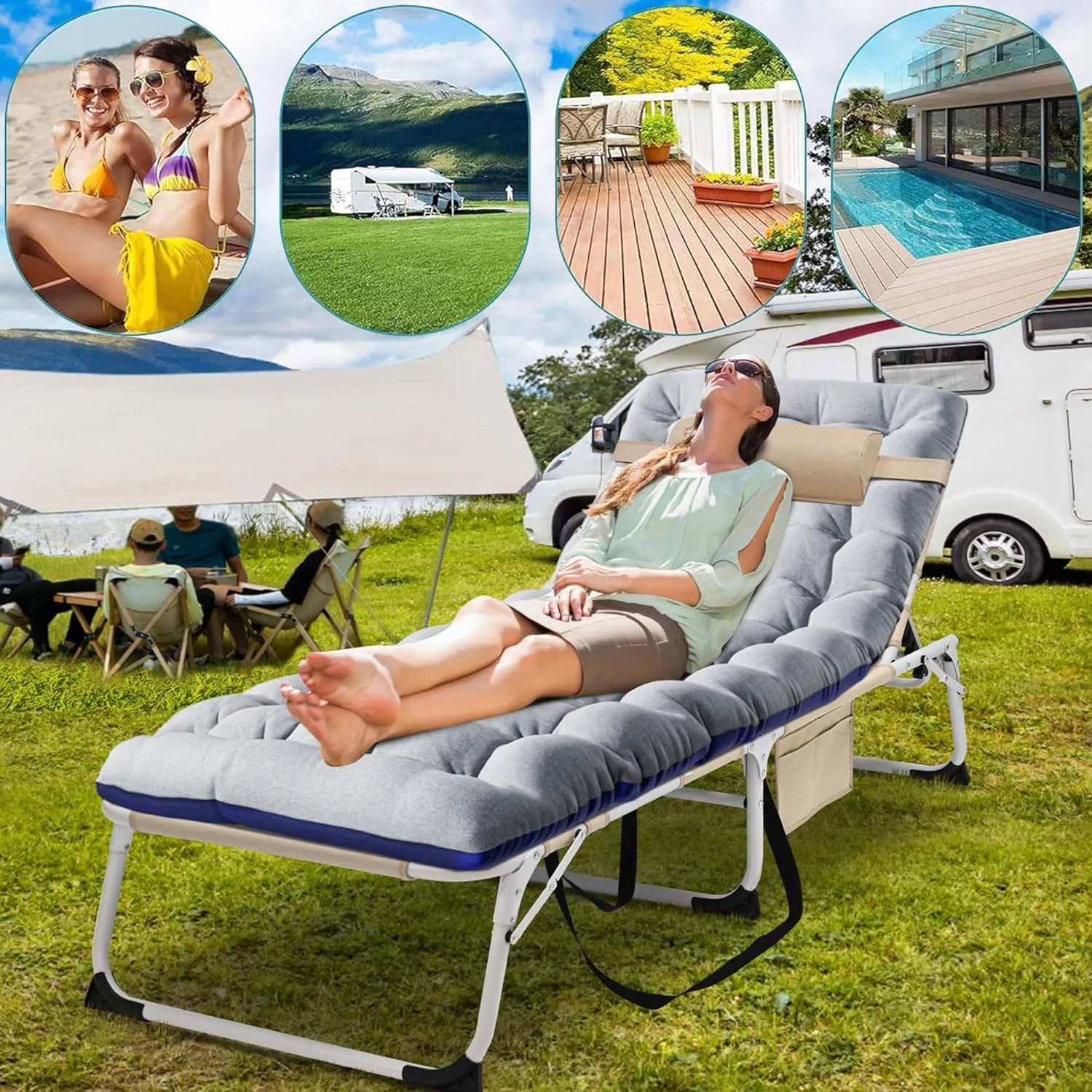 ABORON 2PK Sun Tanning Chairs，4-in-1 Patio Lounge Chair, Heavy Duty Folding Chaise with 500LB Load Capacity, Adjustable Portable Chair for Home, Garden, Beach, Office, Camping & Sunbathing