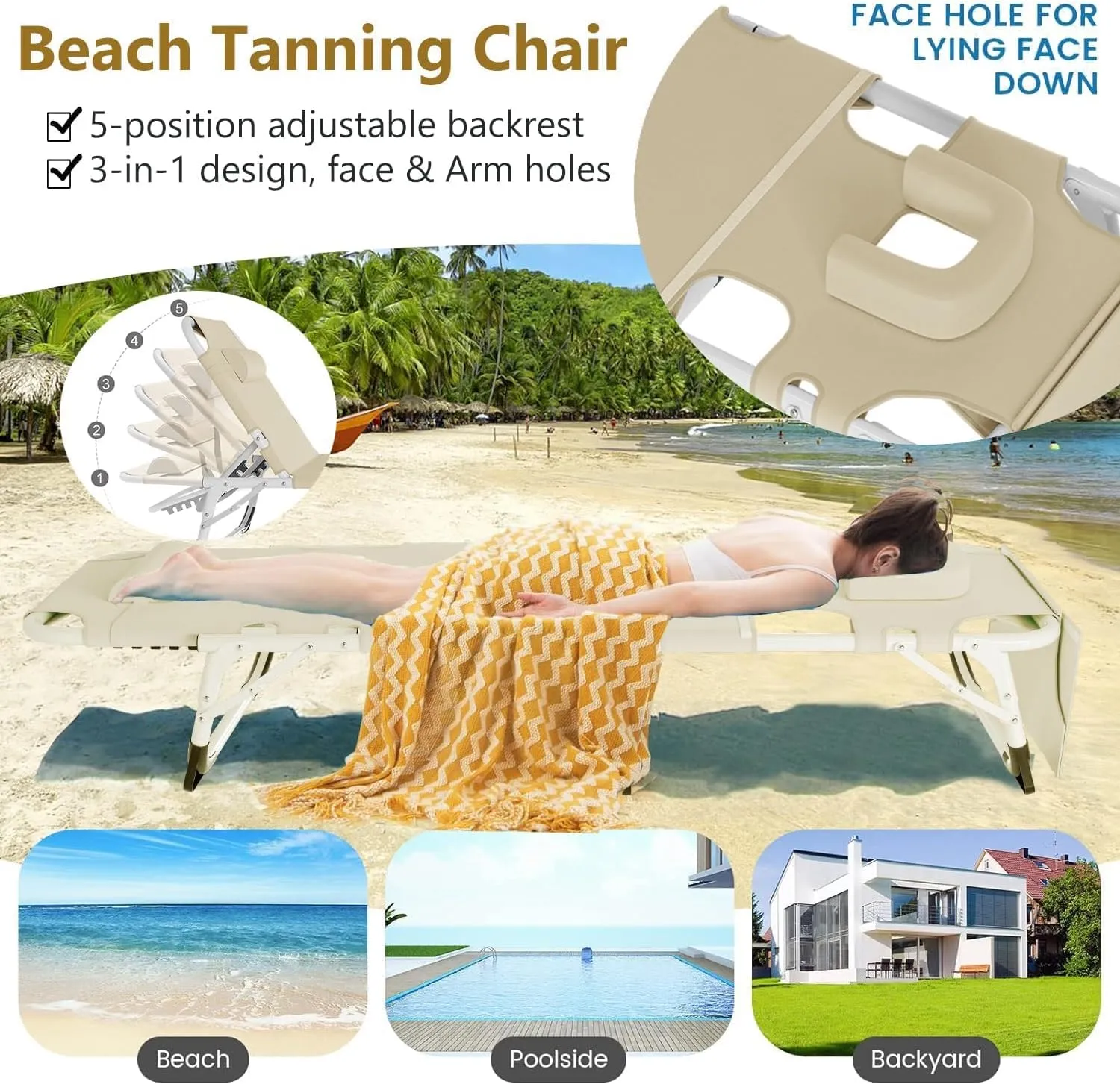 ABORON 2PK Sun Tanning Chairs，4-in-1 Patio Lounge Chair, Heavy Duty Folding Chaise with 500LB Load Capacity, Adjustable Portable Chair for Home, Garden, Beach, Office, Camping & Sunbathing