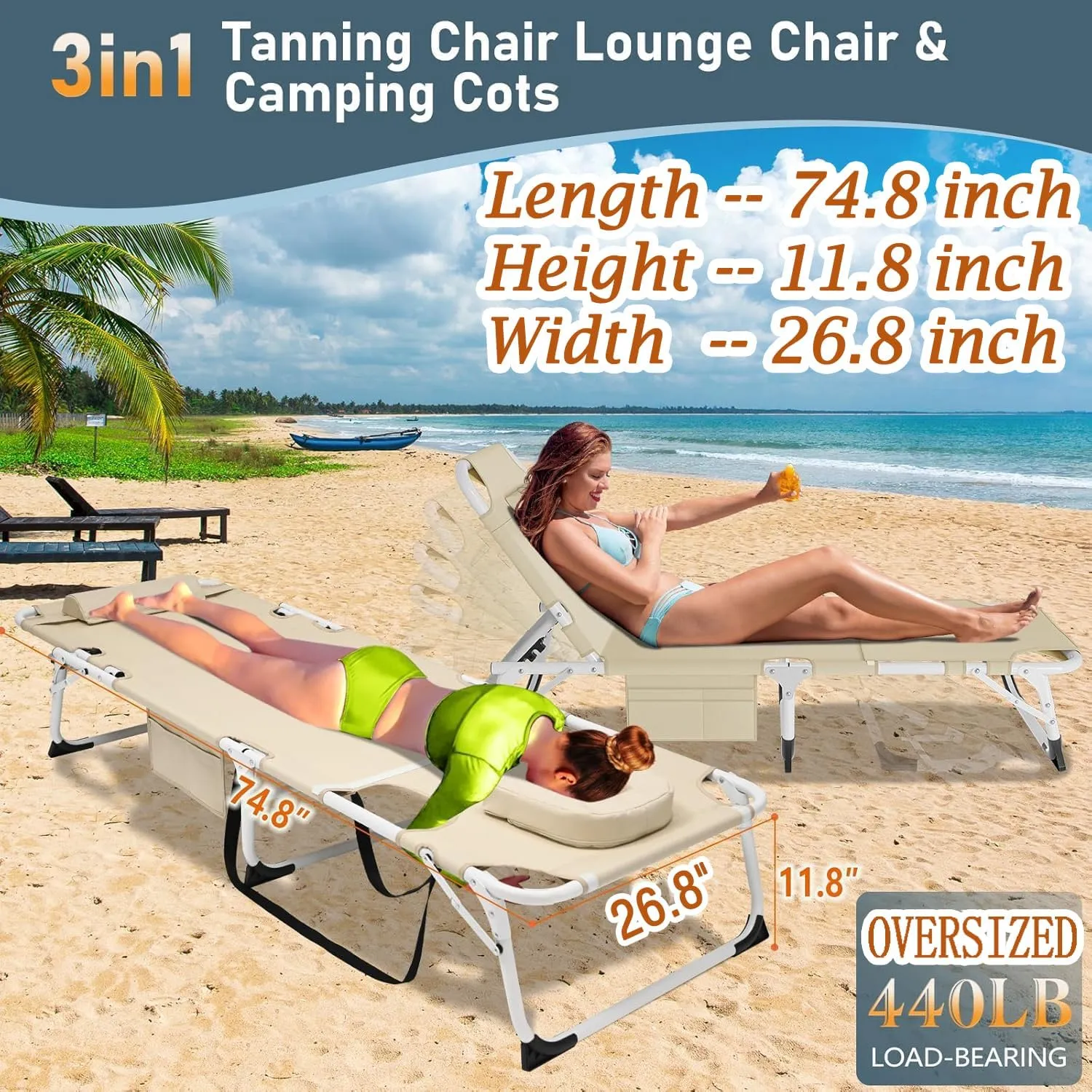 ABORON 2PK Sun Tanning Chairs，4-in-1 Patio Lounge Chair, Heavy Duty Folding Chaise with 500LB Load Capacity, Adjustable Portable Chair for Home, Garden, Beach, Office, Camping & Sunbathing