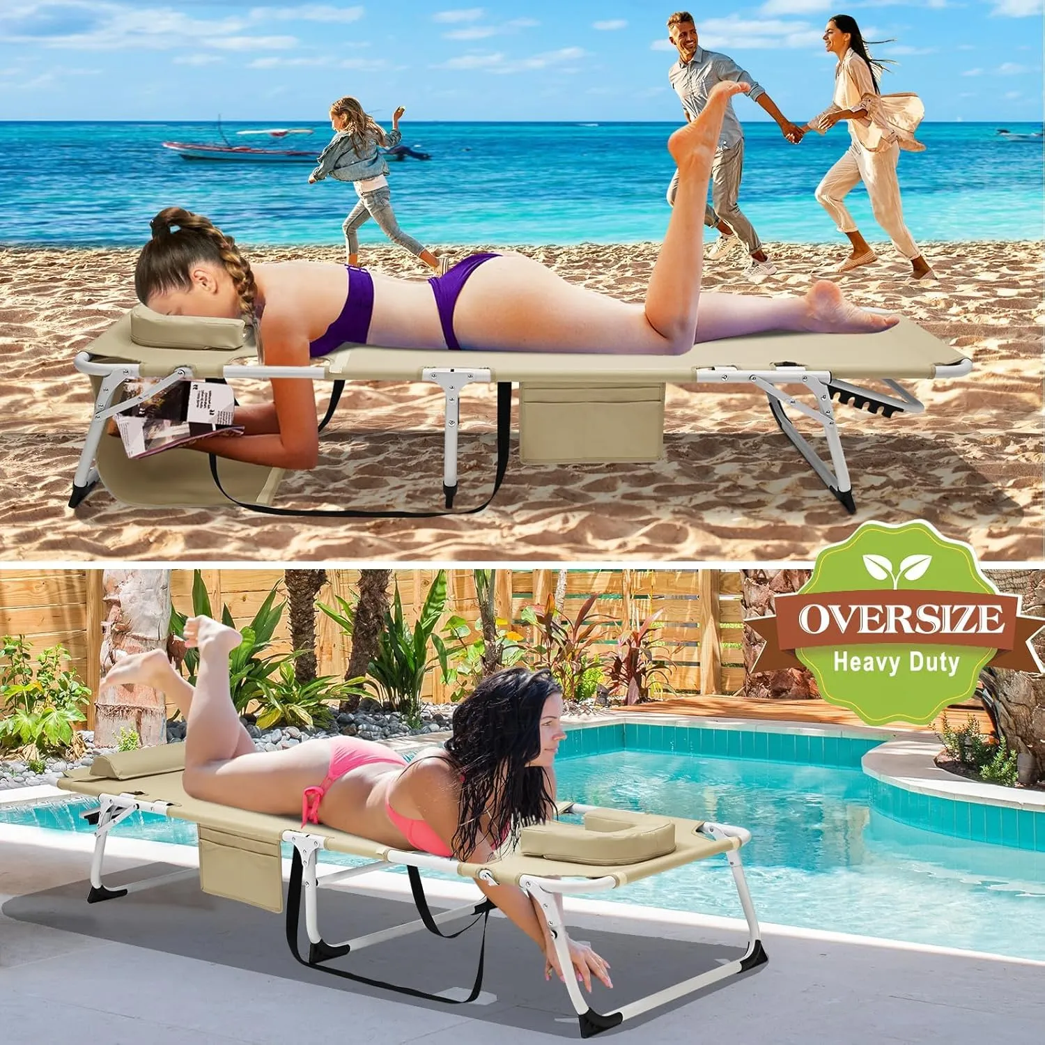 ABORON 2PK Sun Tanning Chairs，4-in-1 Patio Lounge Chair, Heavy Duty Folding Chaise with 500LB Load Capacity, Adjustable Portable Chair for Home, Garden, Beach, Office, Camping & Sunbathing