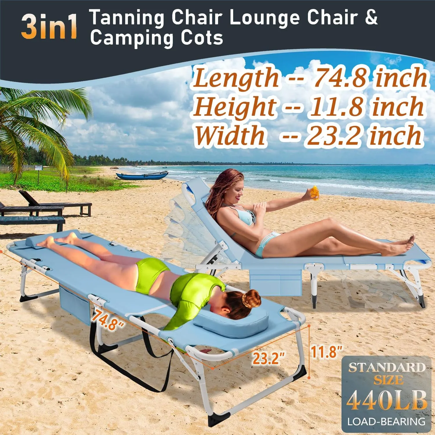 ABORON 4-in-1 Sunbathing Lounge Chair with Removable Cotton Cushion, Adjustable, UV-Resistant, Portable Beach & Pool Tanning Chair, Holds up to 350 lbs