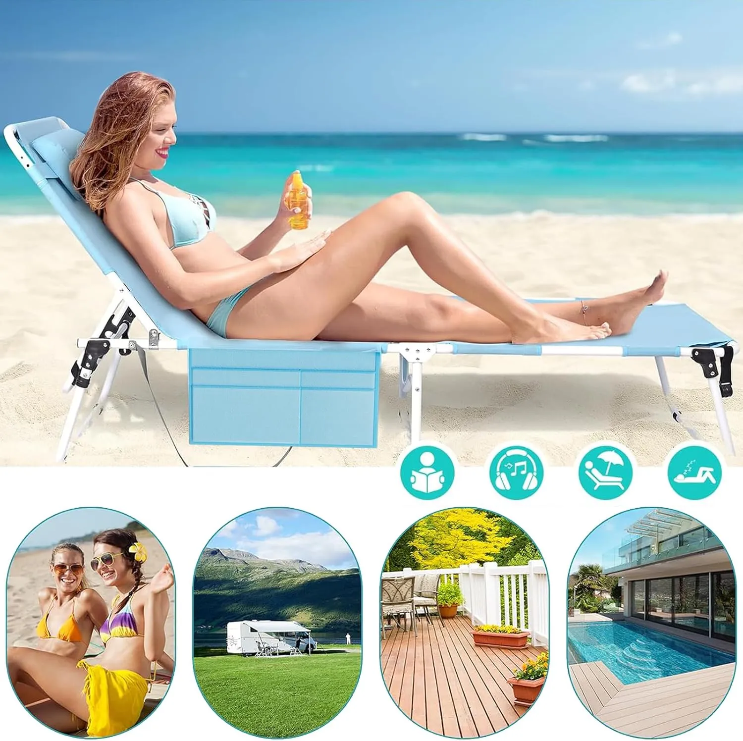 ABORON 4-in-1 Sunbathing Lounge Chair with Removable Cotton Cushion, Adjustable, UV-Resistant, Portable Beach & Pool Tanning Chair, Holds up to 350 lbs