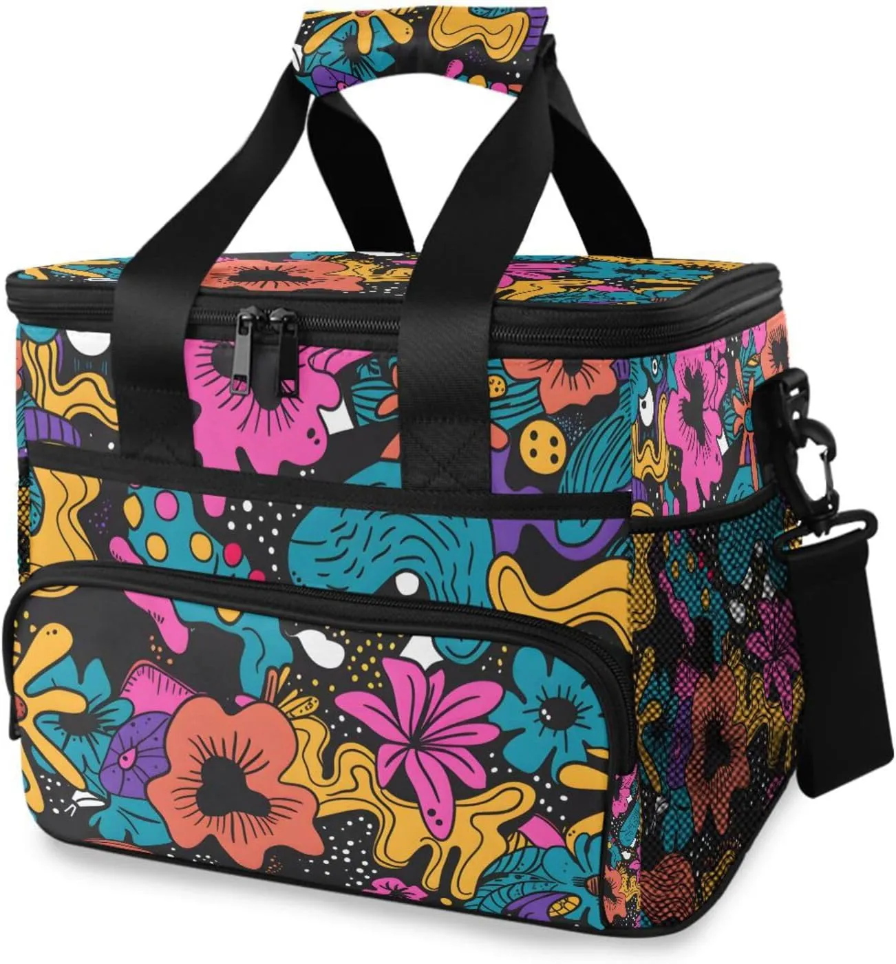 Abstract Tropical Floral Pattern Cooler Bag Insulated Cooler Soft Sided Cooler 24 Can Portable Picnic Bag Large Leakproof Lunch Bag Box for Beach Grocery Camping Travel Car Men Women